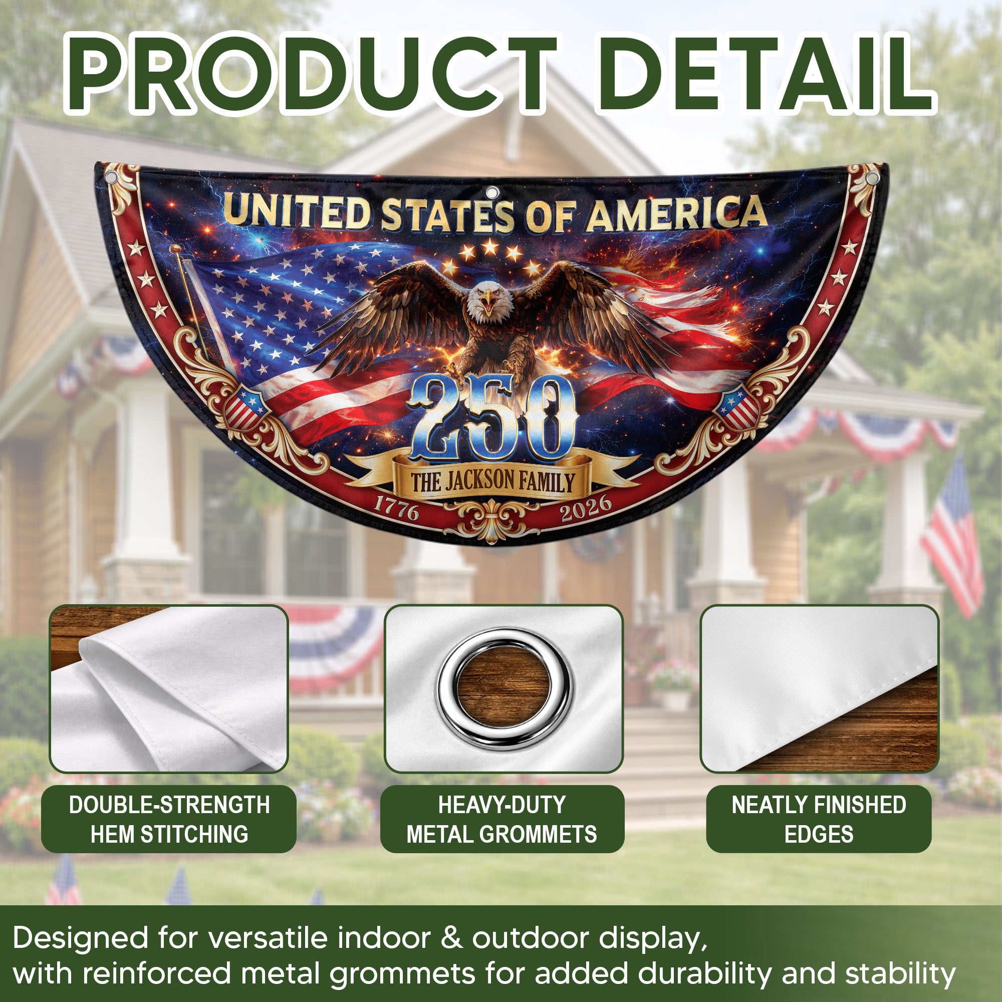 United States 250 Years Custom Family Name Fence Flag - 1776-2026 Patriot Bunting Decor