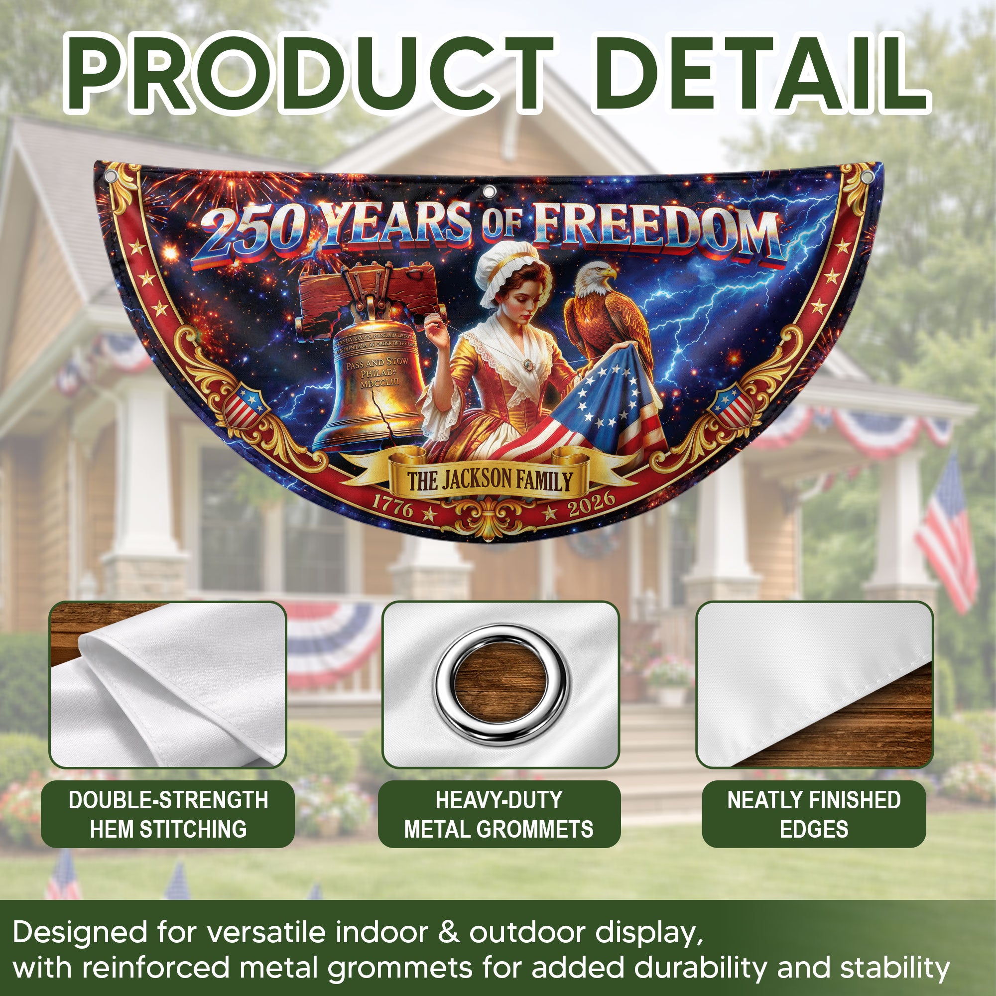 Custom Family Name 250 Years of Freedom Betsy Ross Patriot 1776-2026 Fence Flag Banner