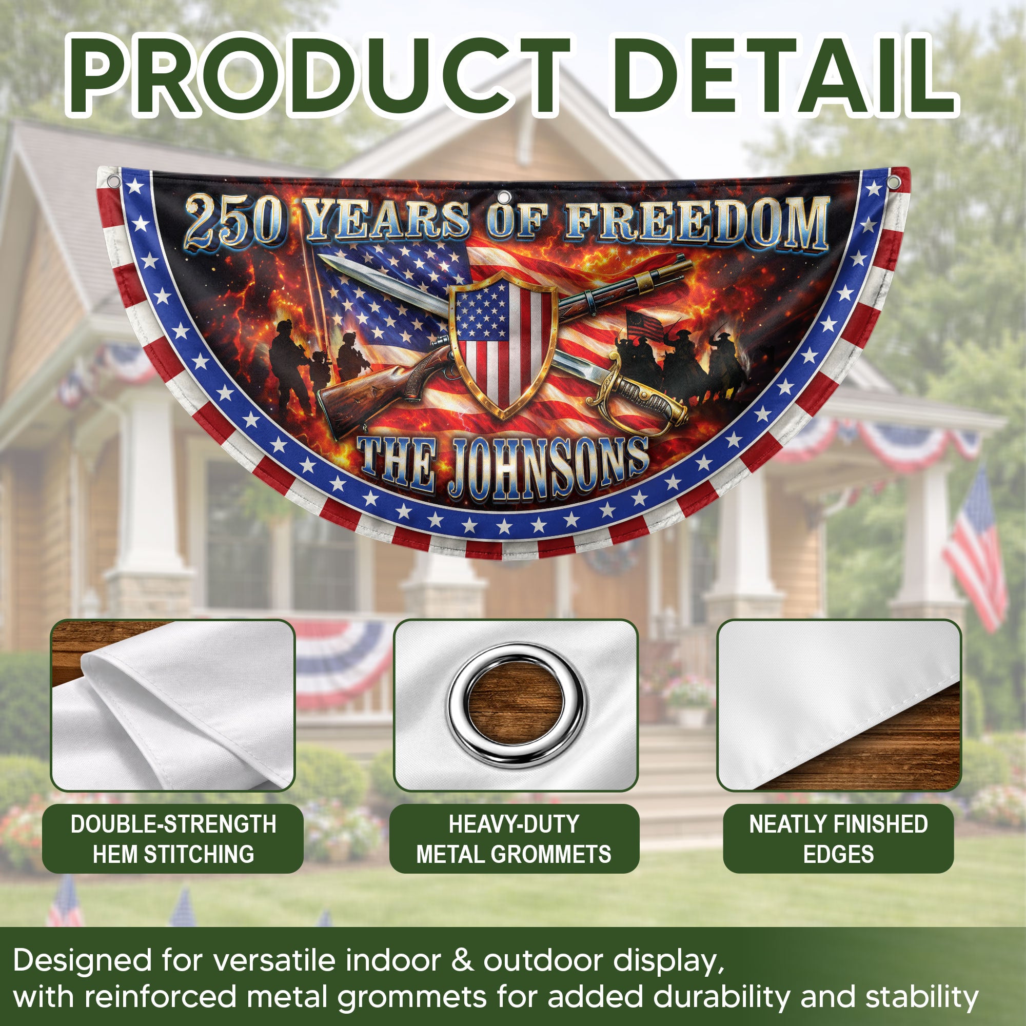 Custom Family Name 250 Years of Freedom Patriot Shield 1776-2026 Bunting Fence Flag