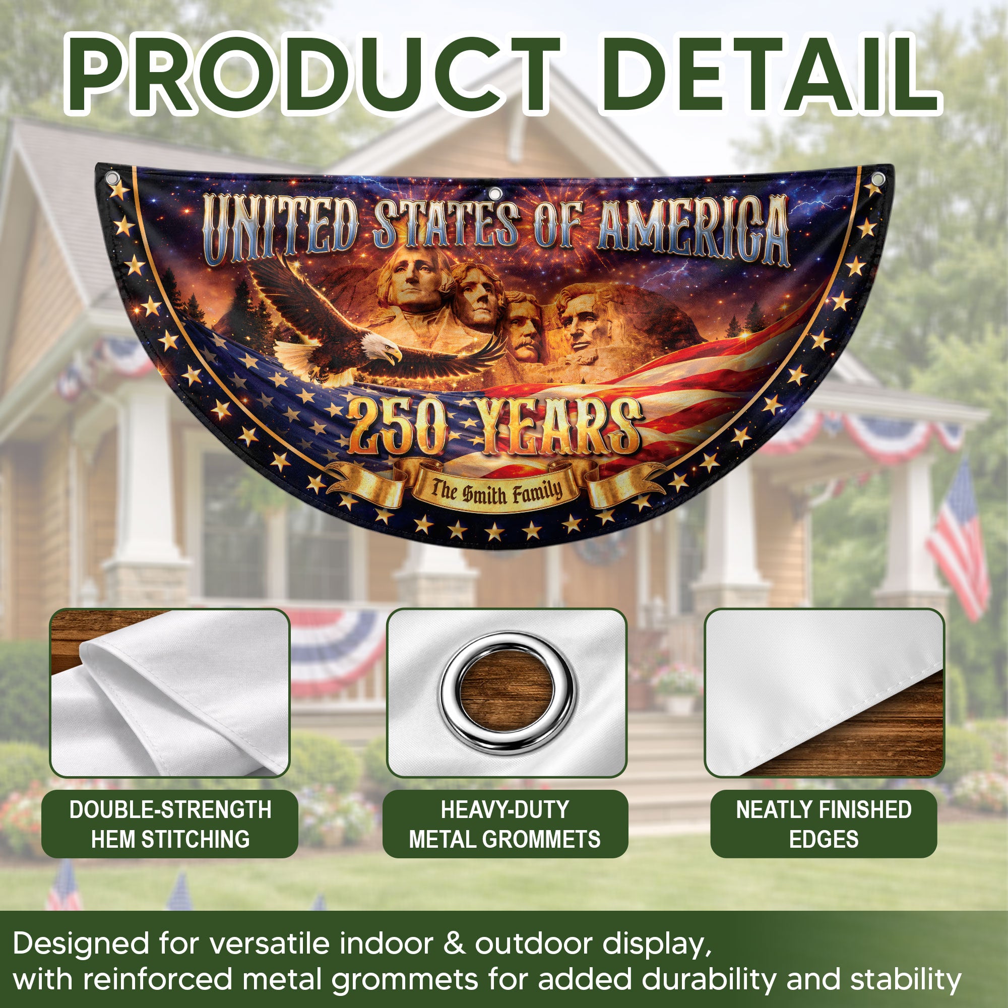 Custom Family Name United States 250 Years Mount Rushmore Patriot Bunting Fence Flag