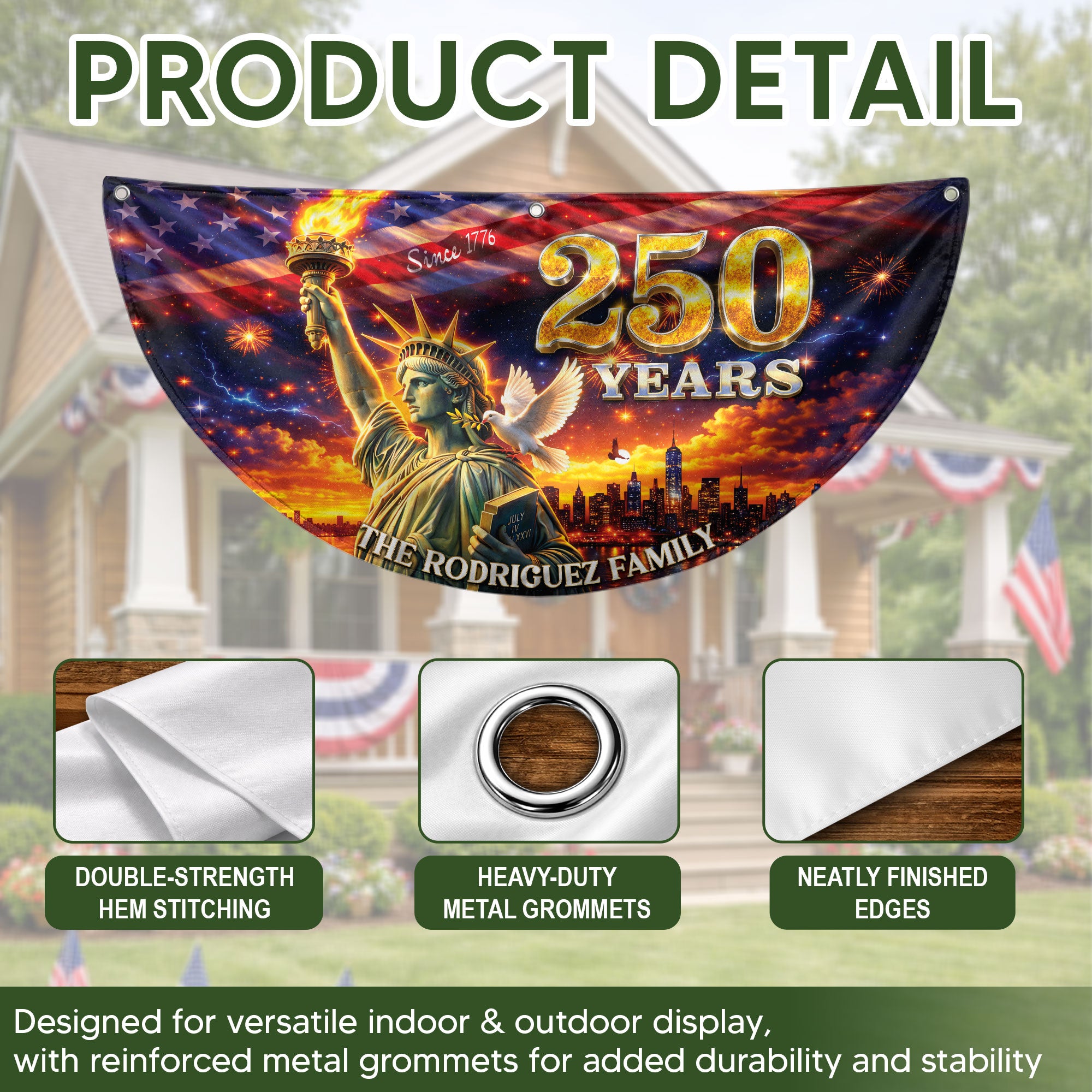 Custom Family Name 250 Years United States Statue of Liberty Patriot Bunting Fence Flag