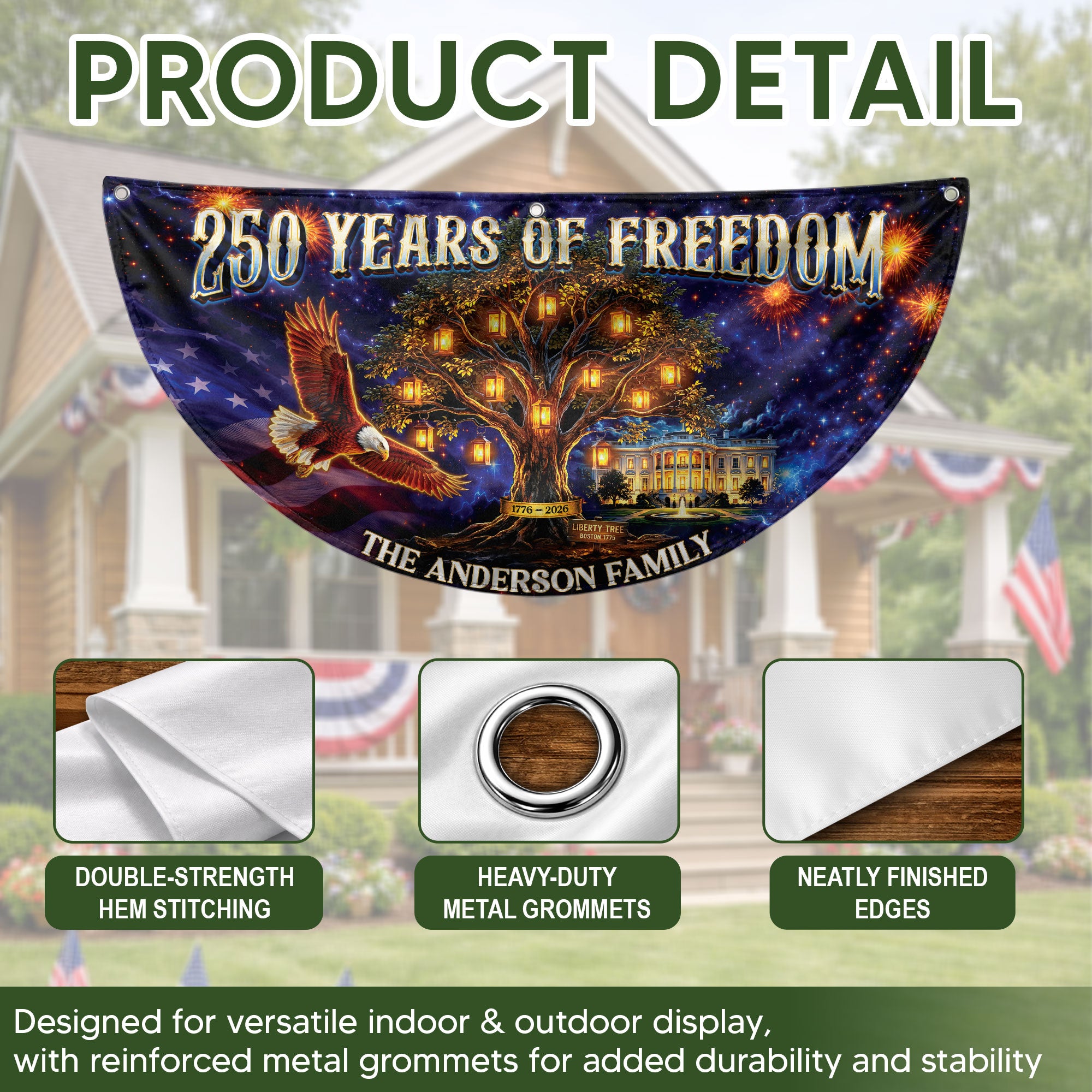 Custom Family Name 250 Years of Freedom Liberty Tree 1776-2026 Patriot Fence Flag Banner