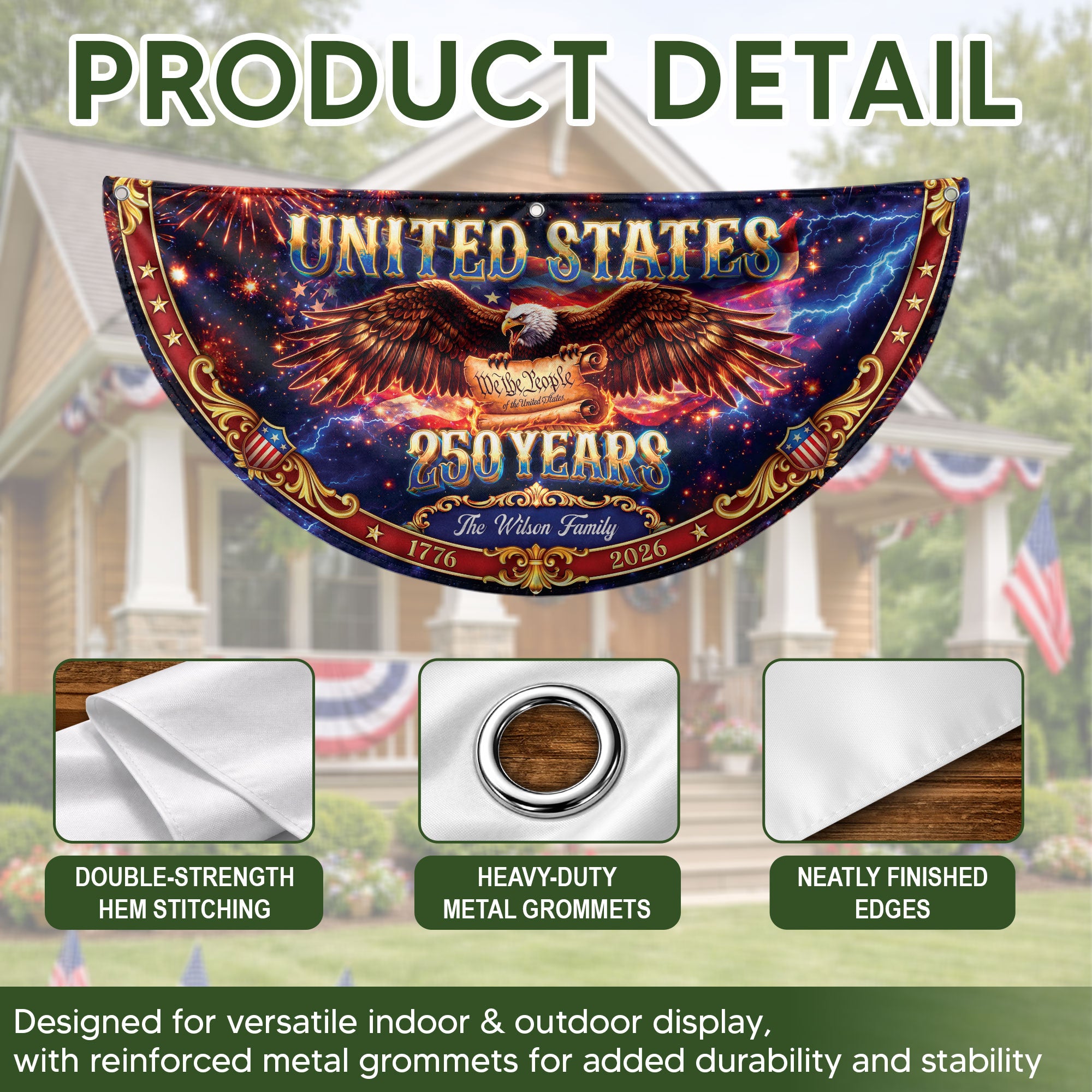 Custom Family Name 250 Years United States Patriot Eagle 1776-2026 Fence Flag Banner