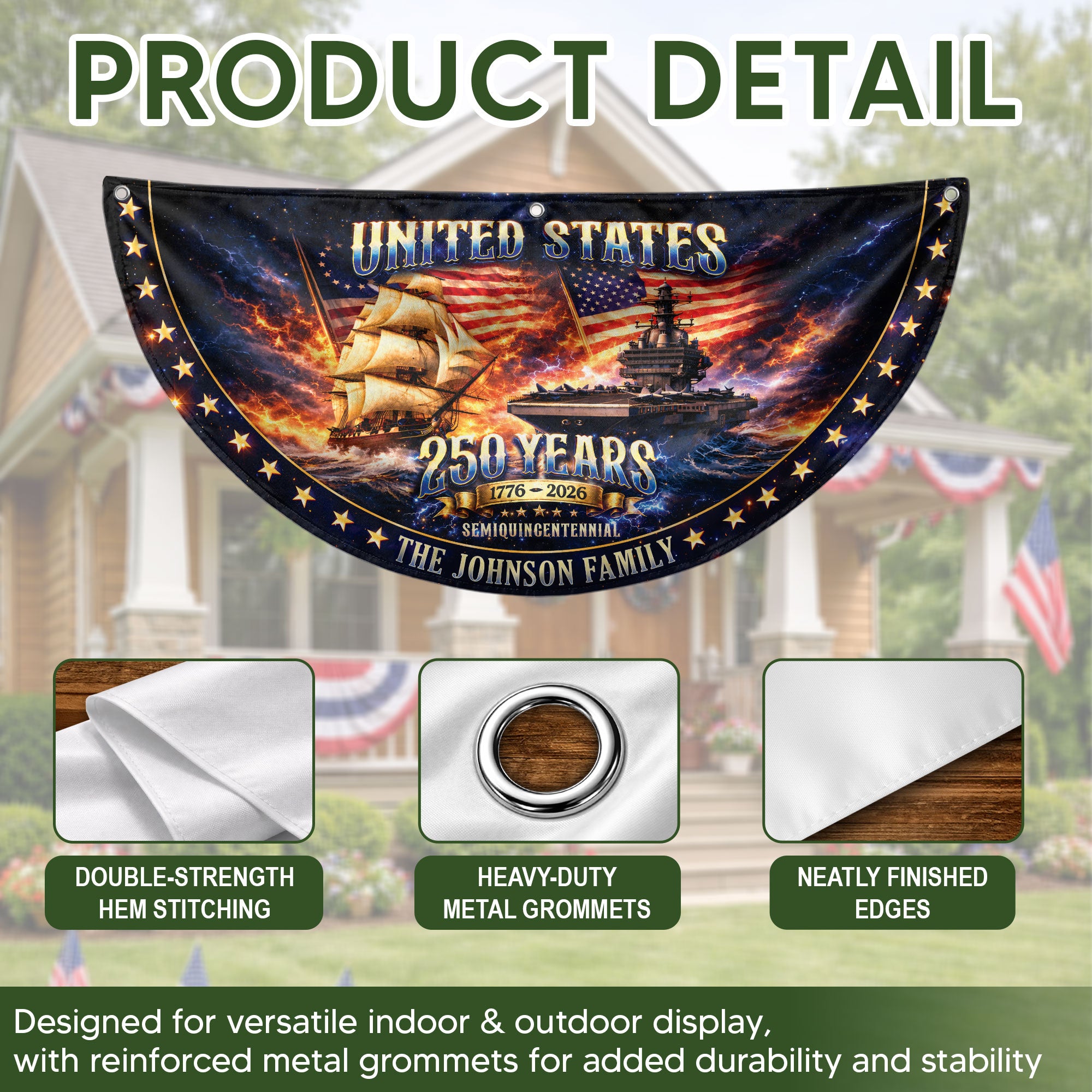 United States 250 Years Custom Family Name Fence Flag - 1776-2026 Patriot Navy Bunting