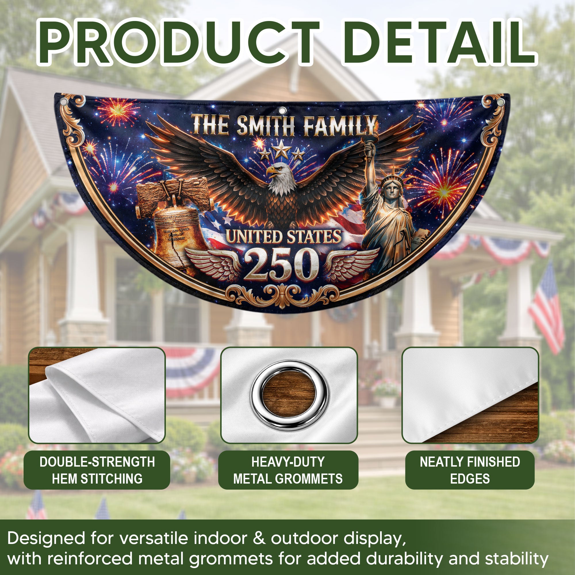 Personalized Family Name 1776-2026 United States Patriot Eagle Statue of Liberty Fence Flag