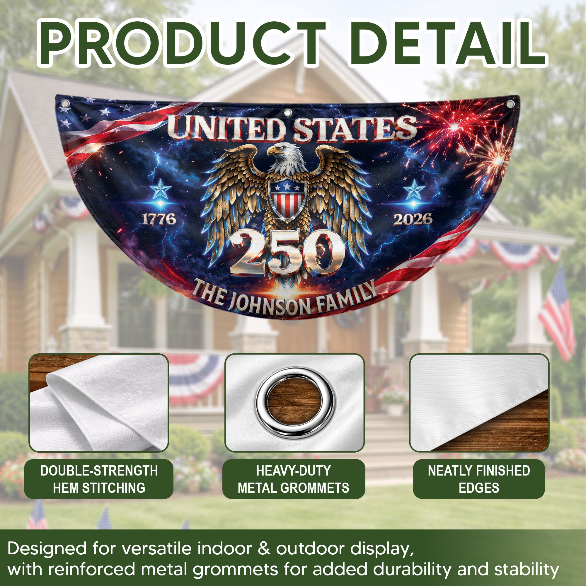 Custom Family Name United States 250 Years Patriot Eagle 1776-2026 Bunting Fence Flag