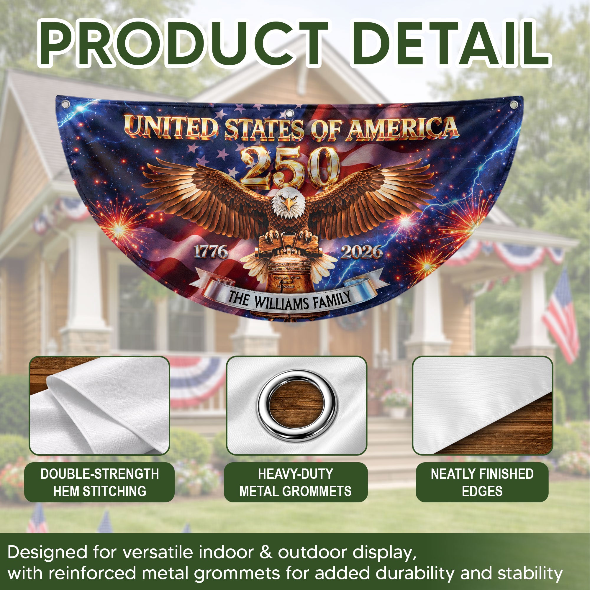 Personalized Family Name 1776-2026 United States Patriot Eagle Liberty Bell Fence Flag