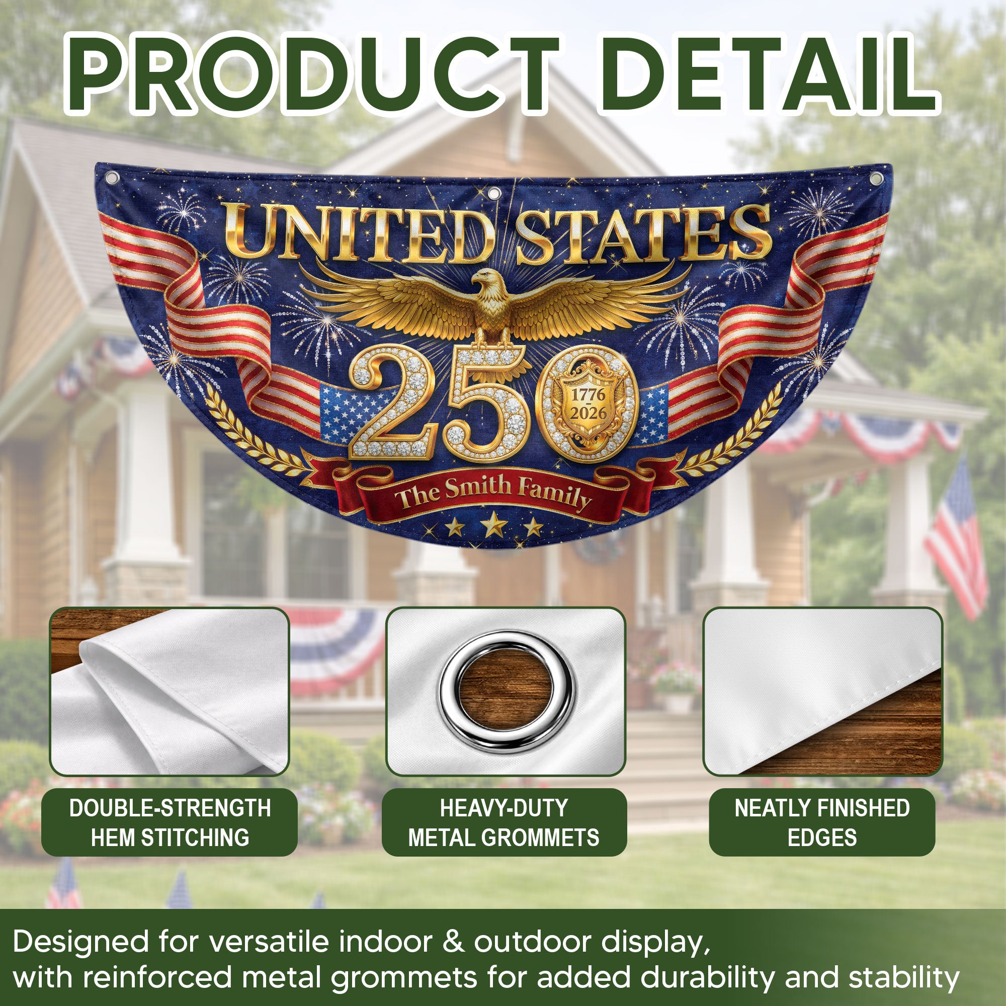 Custom Family Name 250th Anniversary USA Fence Flag Patriotic Golden Eagle Liberty Bell 1776-2026