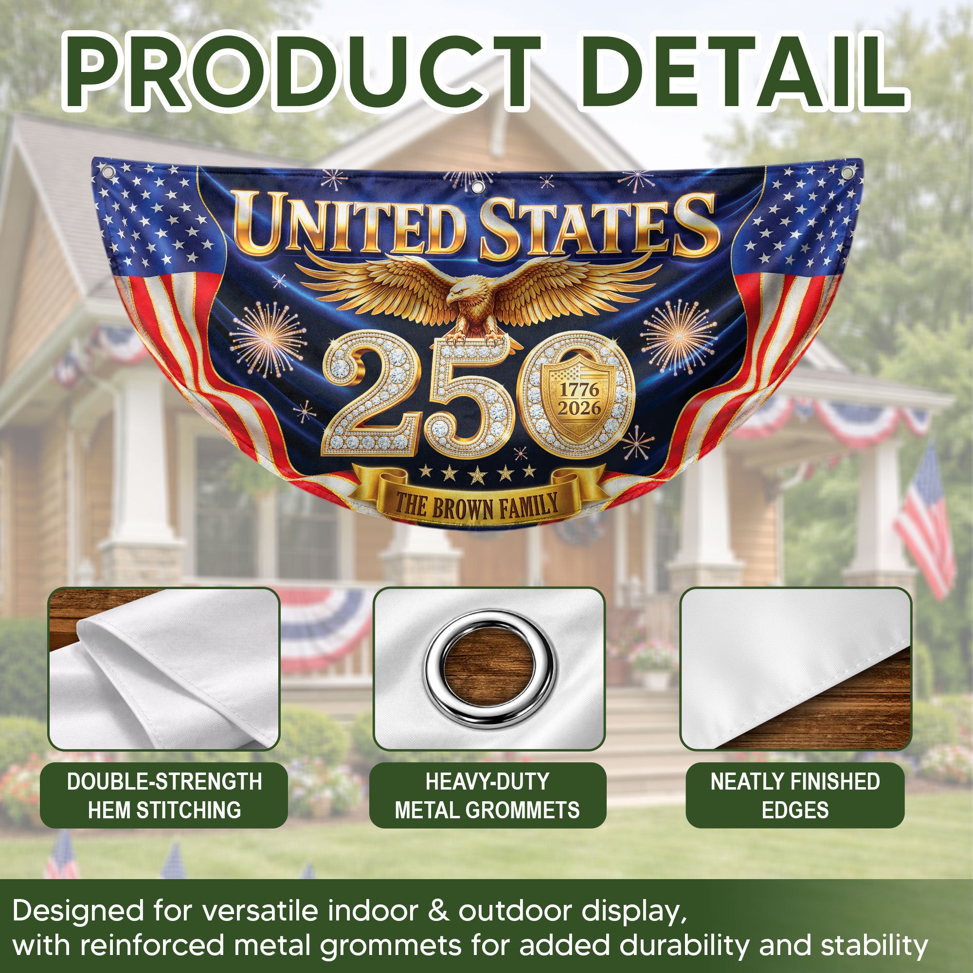 Custom Family Name United States 250 Years Patriot Golden Eagle 1776-2026 Fence Flag