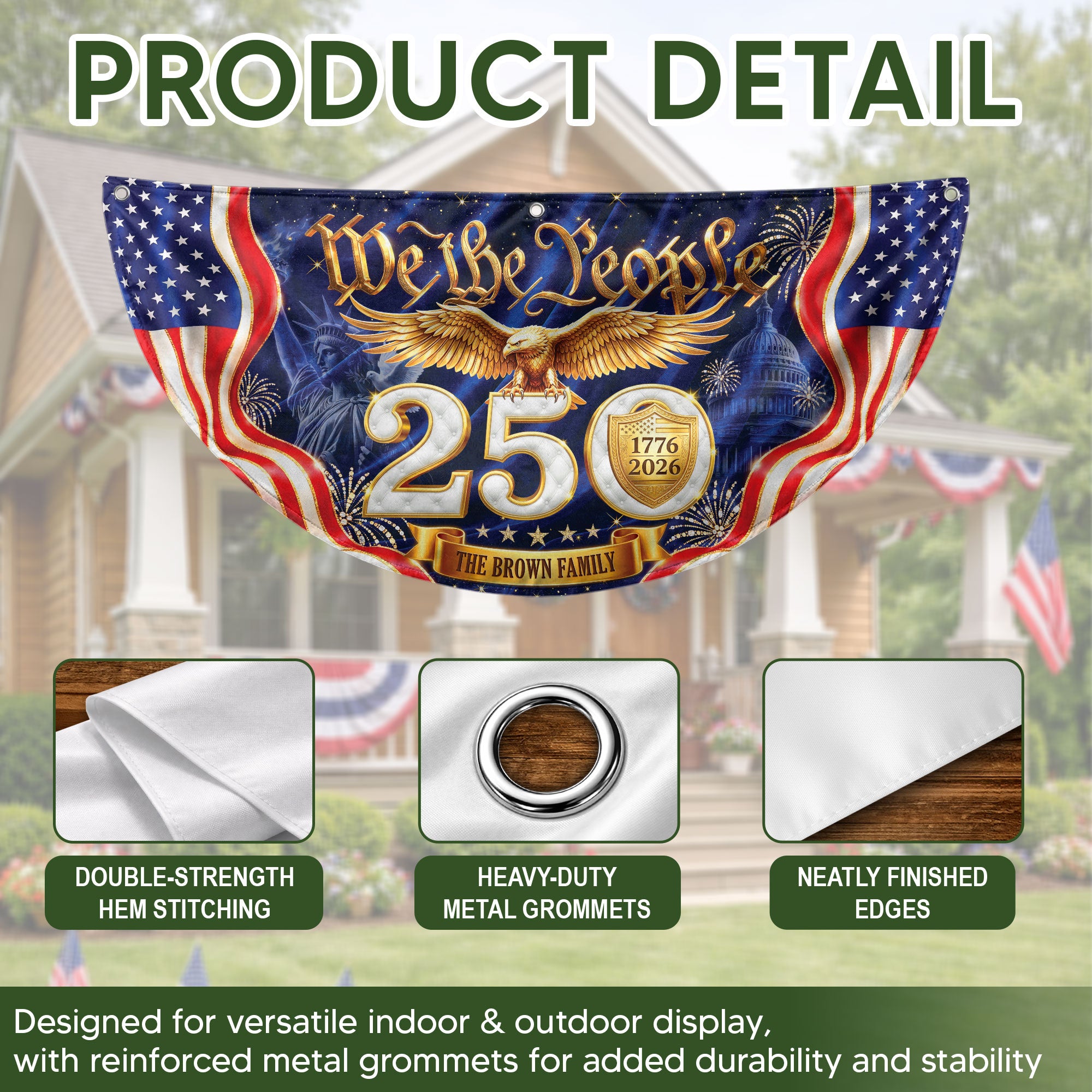 250th Anniversary USA Fence Flag We The People Eagle 1776-2026 Custom Family Name Banner