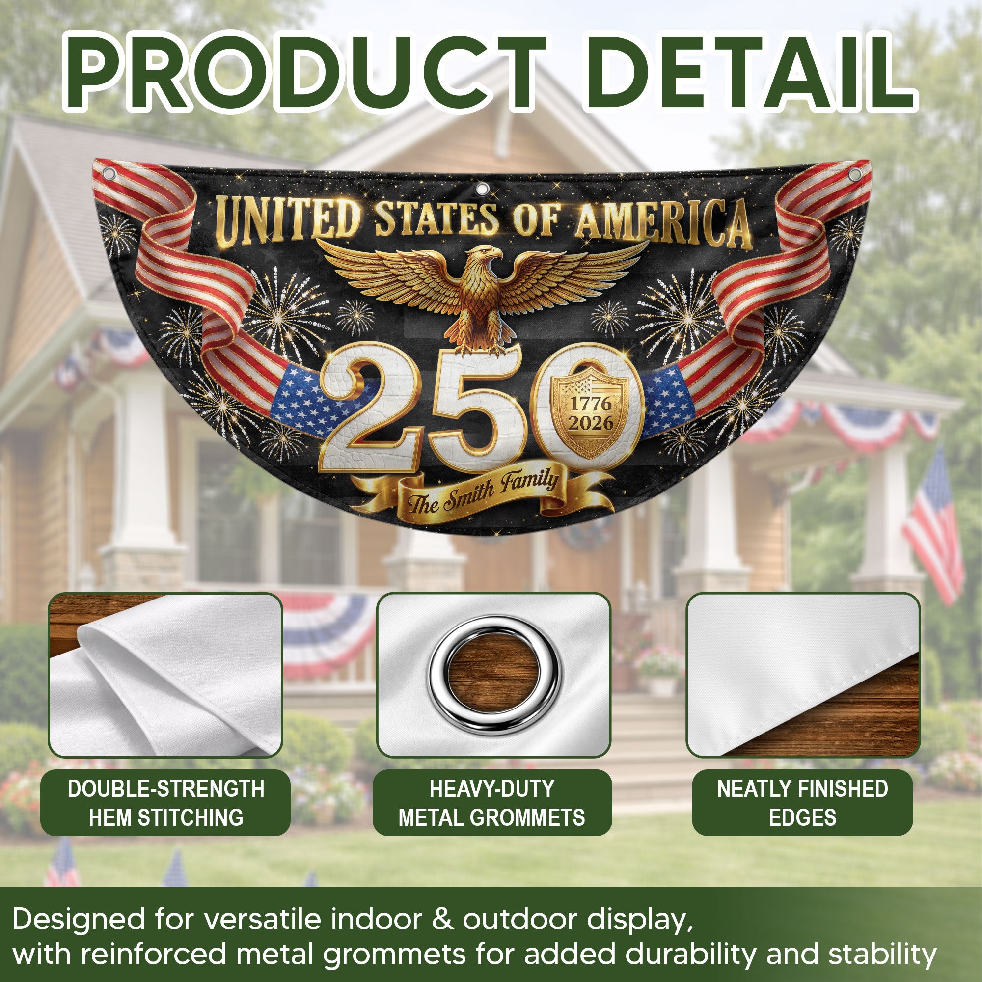 Personalized Family Name 1776-2026 United States Patriot Eagle Gold 250th Fence Flag