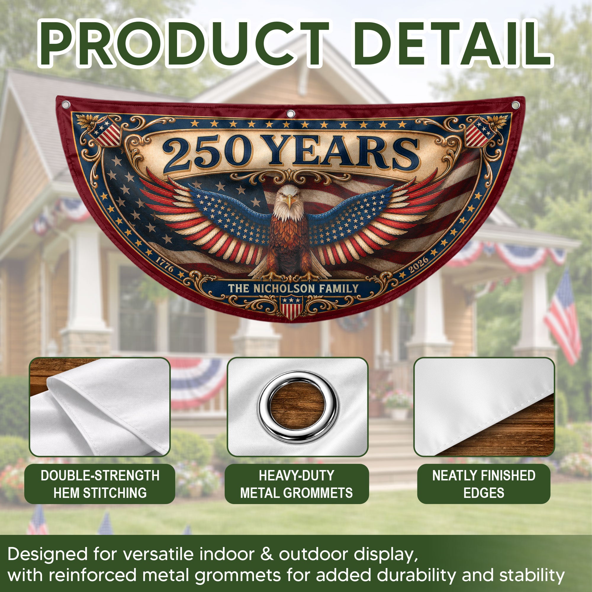 Personalized Family Name 1776-2026 United States Patriot Eagle Wings Bunting Banner