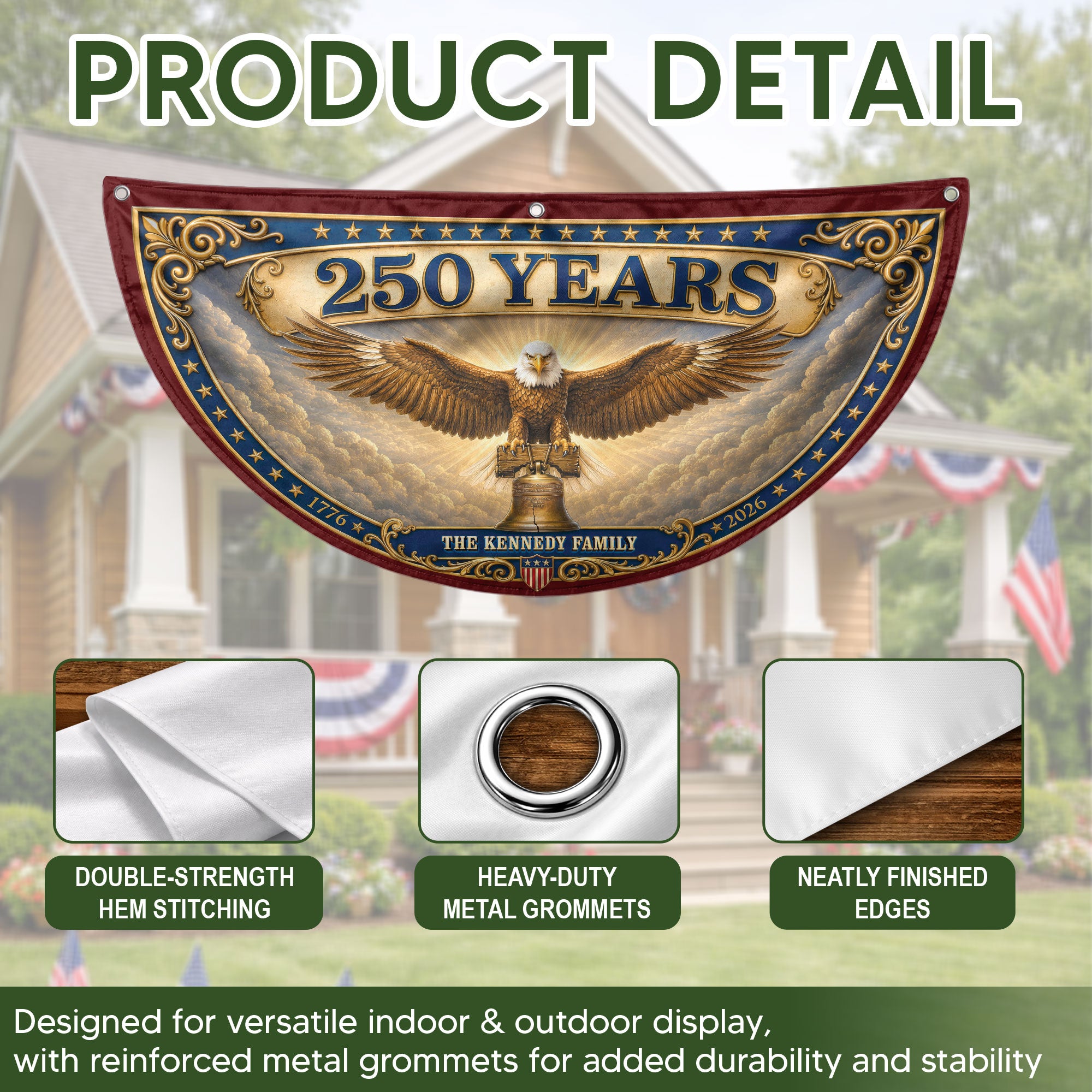 Custom Family Name 250 Years United States Patriot Eagle Liberty Bell Fence Flag