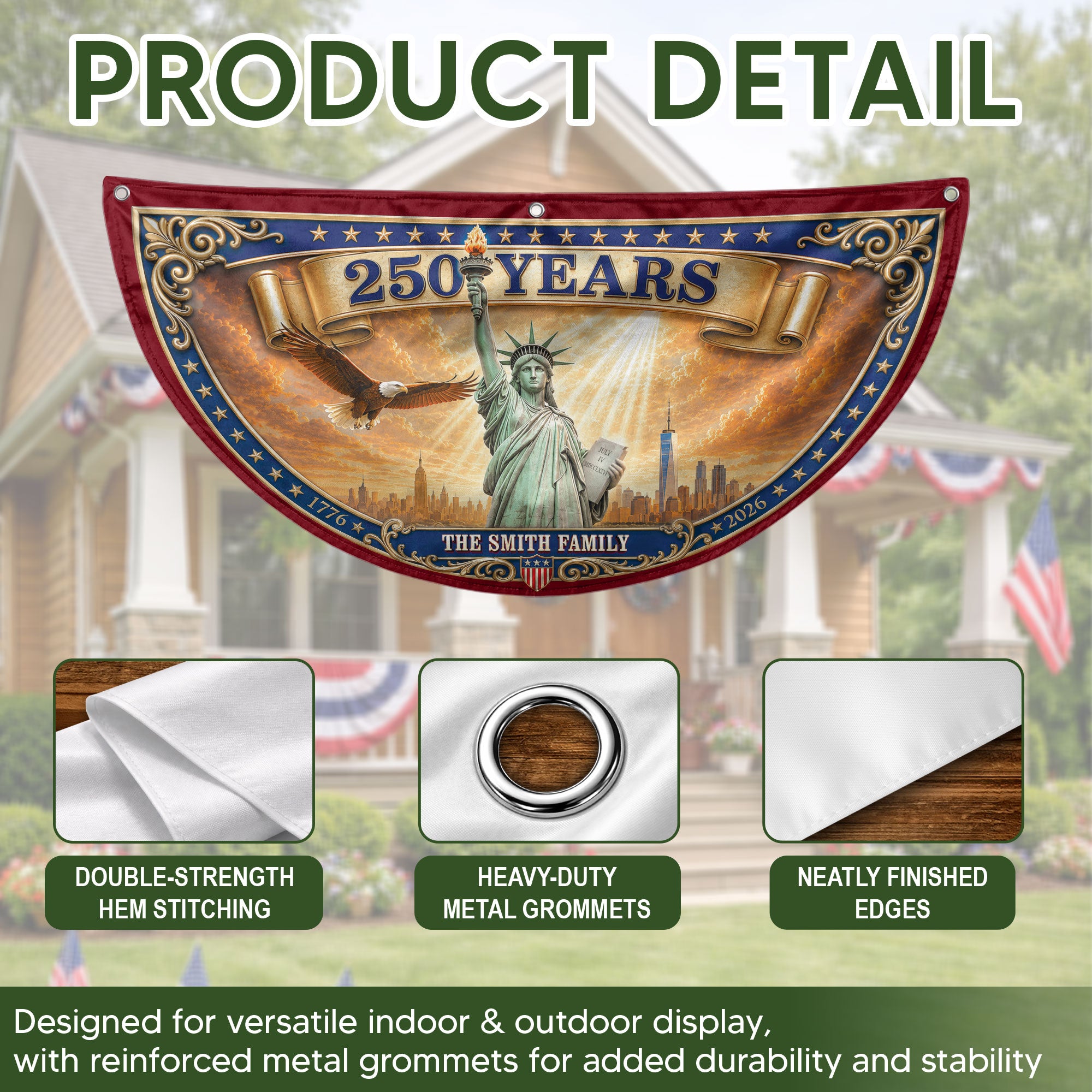 Custom Family Name 250 Years United States Patriot Statue of Liberty Bunting Fence Flag