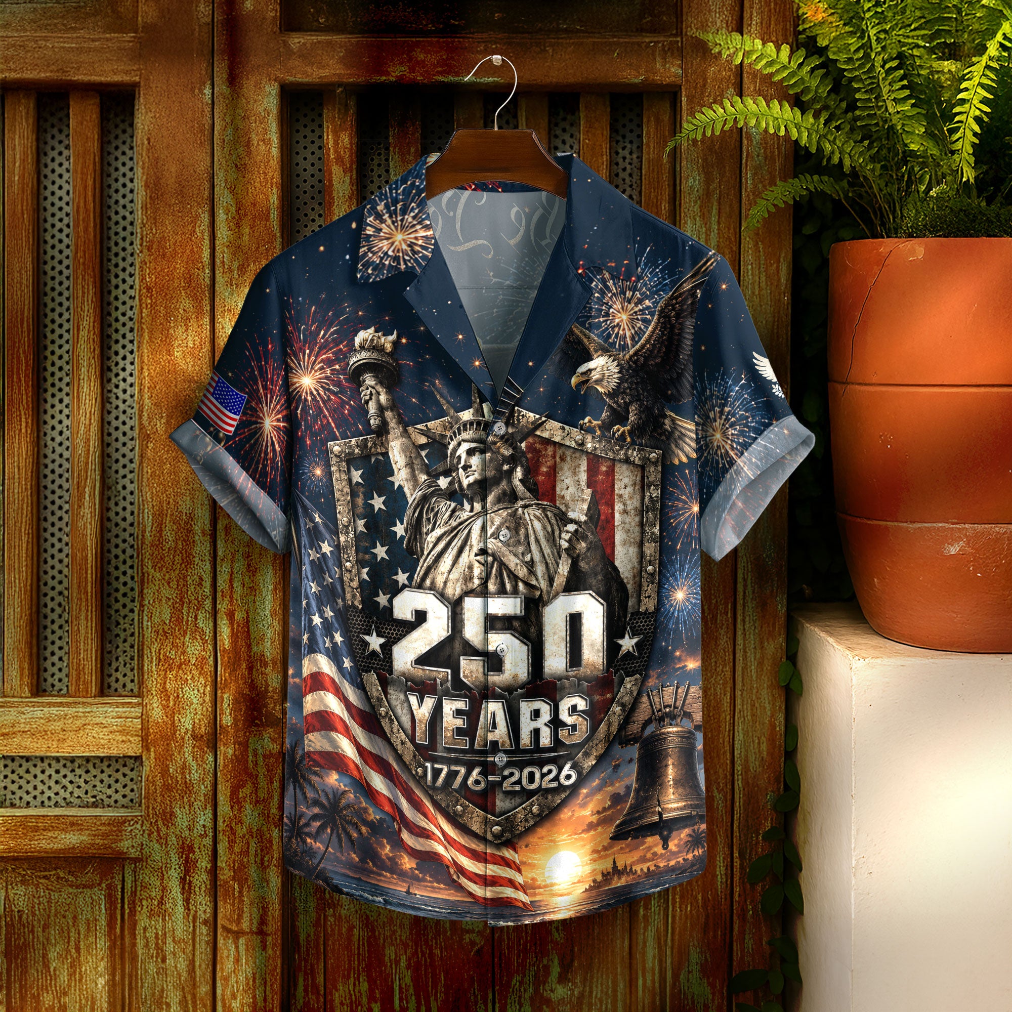 USA 250th Celebration Hawaiian Shirt – Freedom Shield Patriotic Design