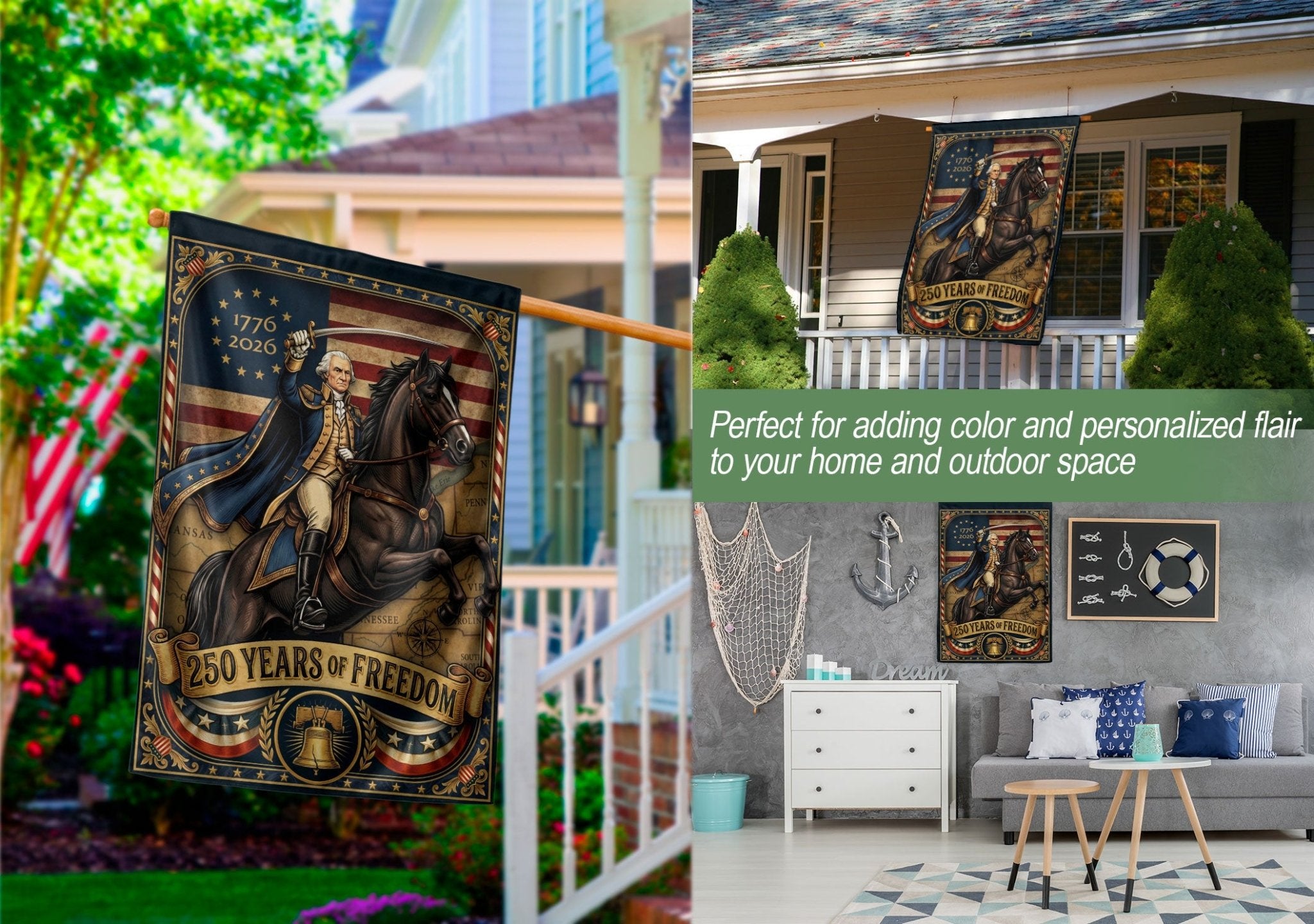 USA 250th Anniversary House Flag - George Washington Revolutionary War Banner - Rust Field Wear