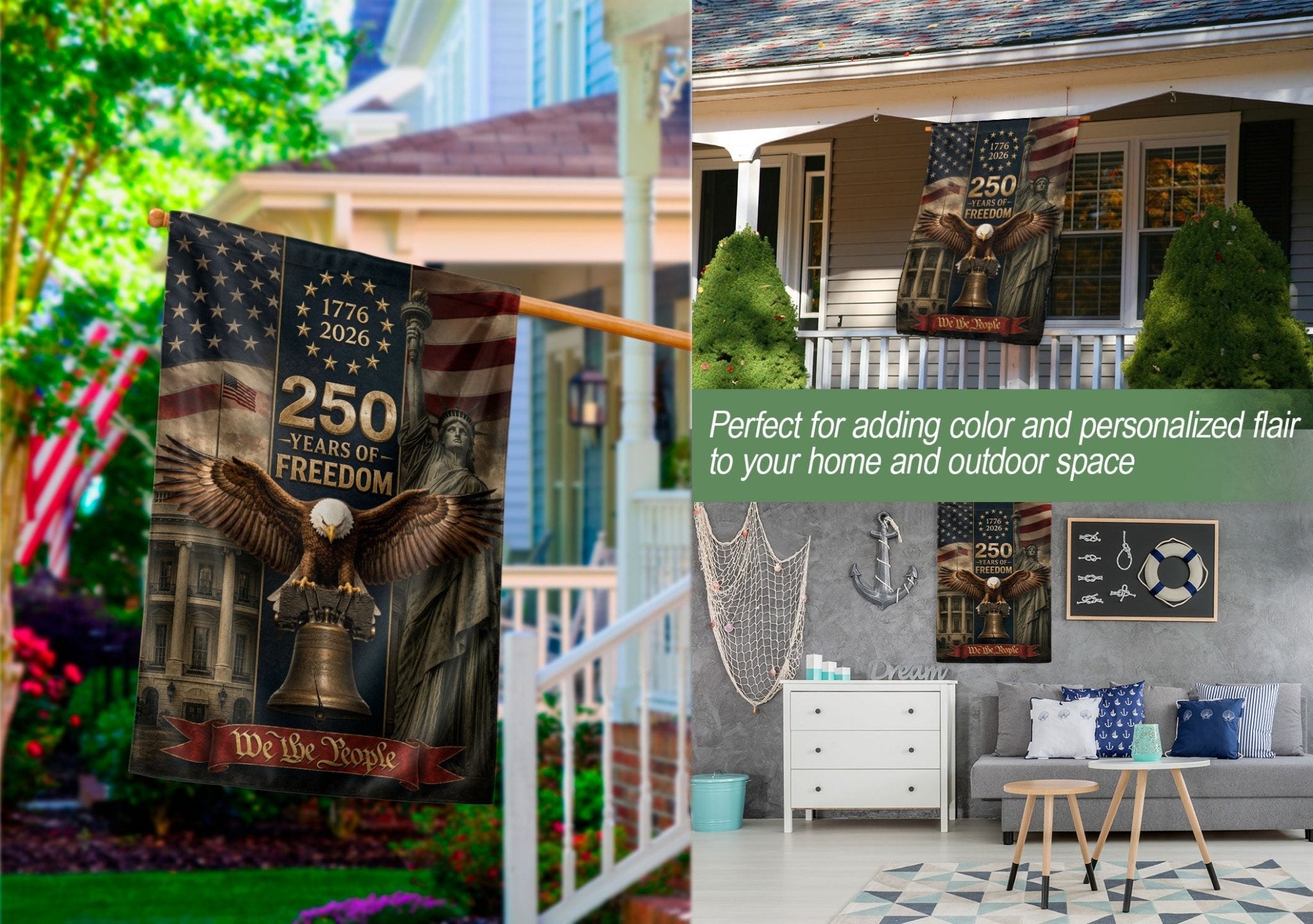 USA 250 Years of Freedom House Flag - Majestic Eagle & Liberty Icons Patriotic Banner - Rust Field Wear
