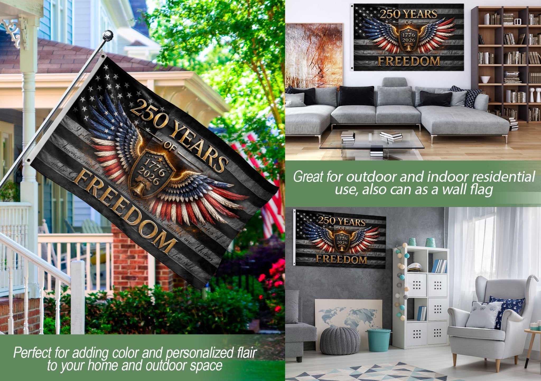 250 Years of Freedom Flag 1776-2026 Patriotic Eagle Wings Shield Liberty Bell Banner - Rust Field Wear