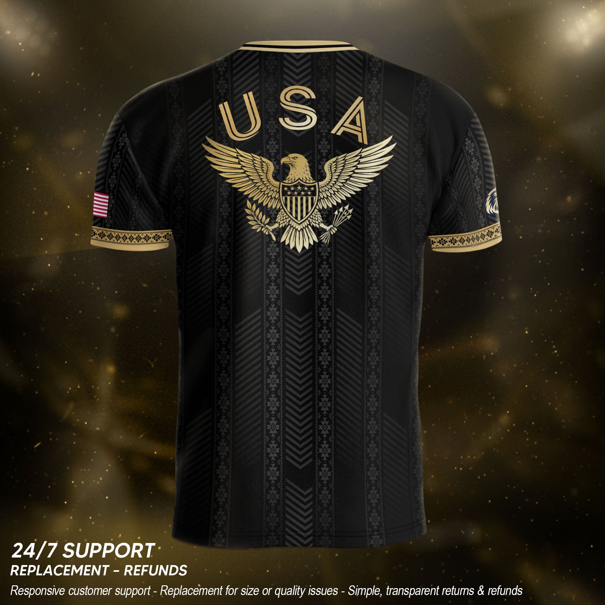 USA Soccer Jersey Patriotic American Eagle Black Gold Shield Football Shirt Men Women Gear upsale