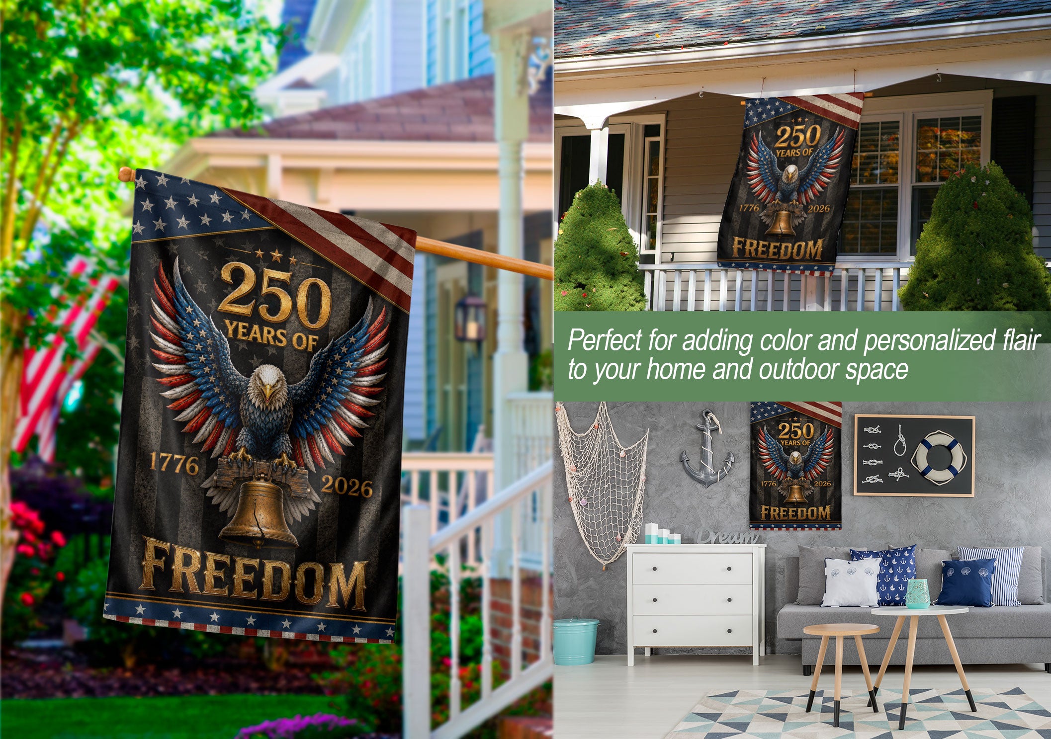 250 Years of Freedom House Flag Patriotic Eagle Liberty Bell USA Decor