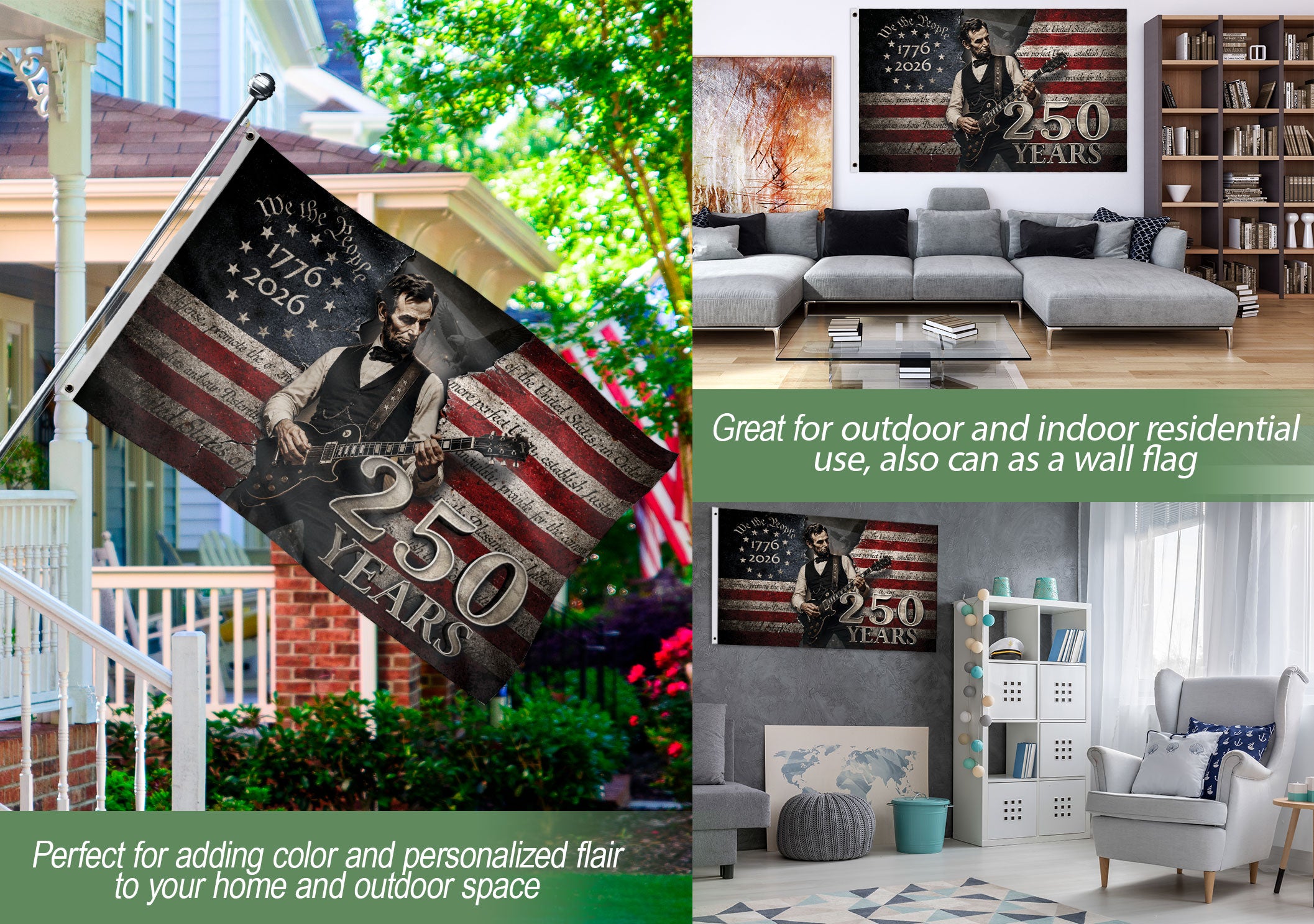 250 Years of Freedom Flag 1776-2026 Abraham Lincoln Guitar Patriotic US Banner We the People Decor