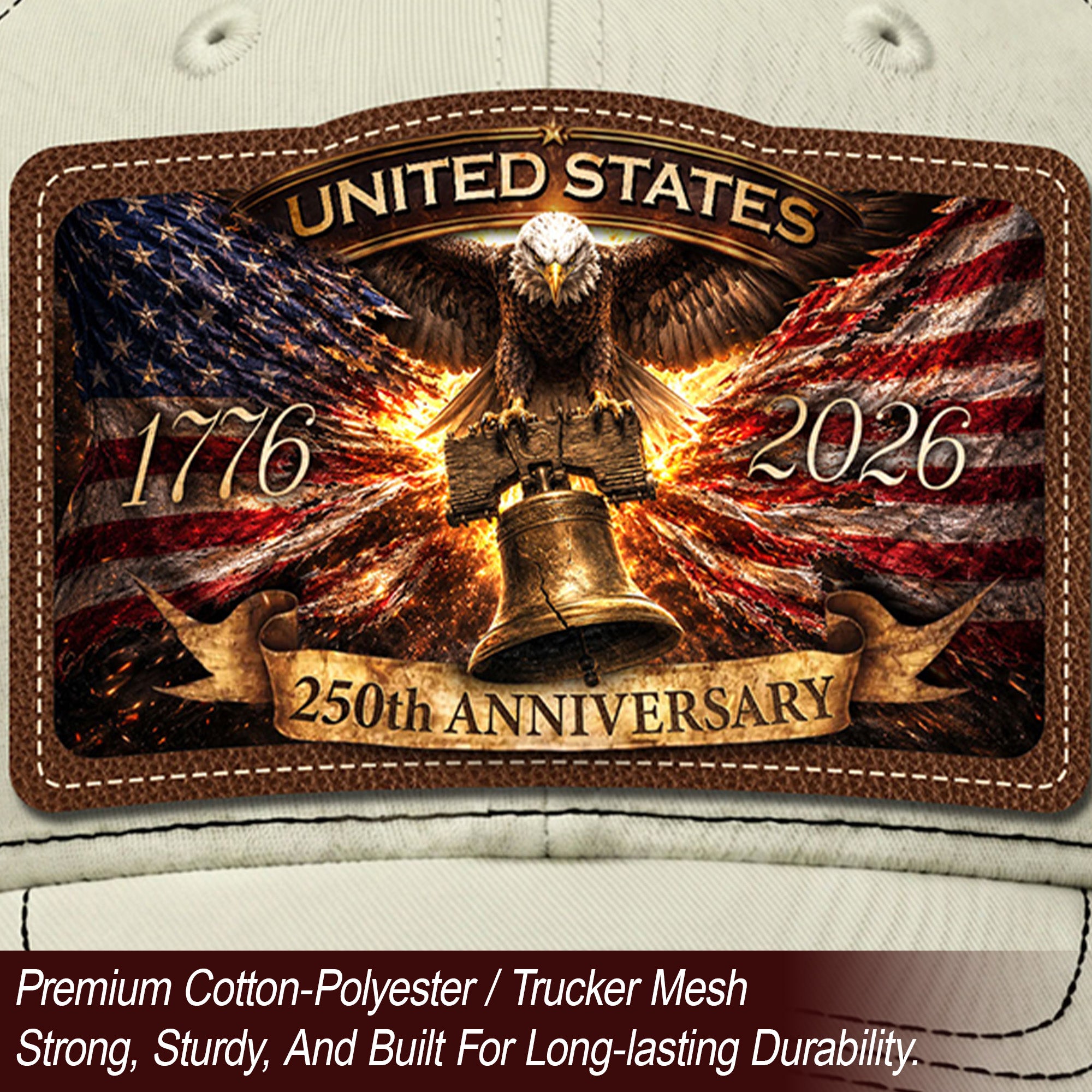 US 250th Anniversary Leather Patch Hat Liberty Bell Eagle Off White Trucker Cap