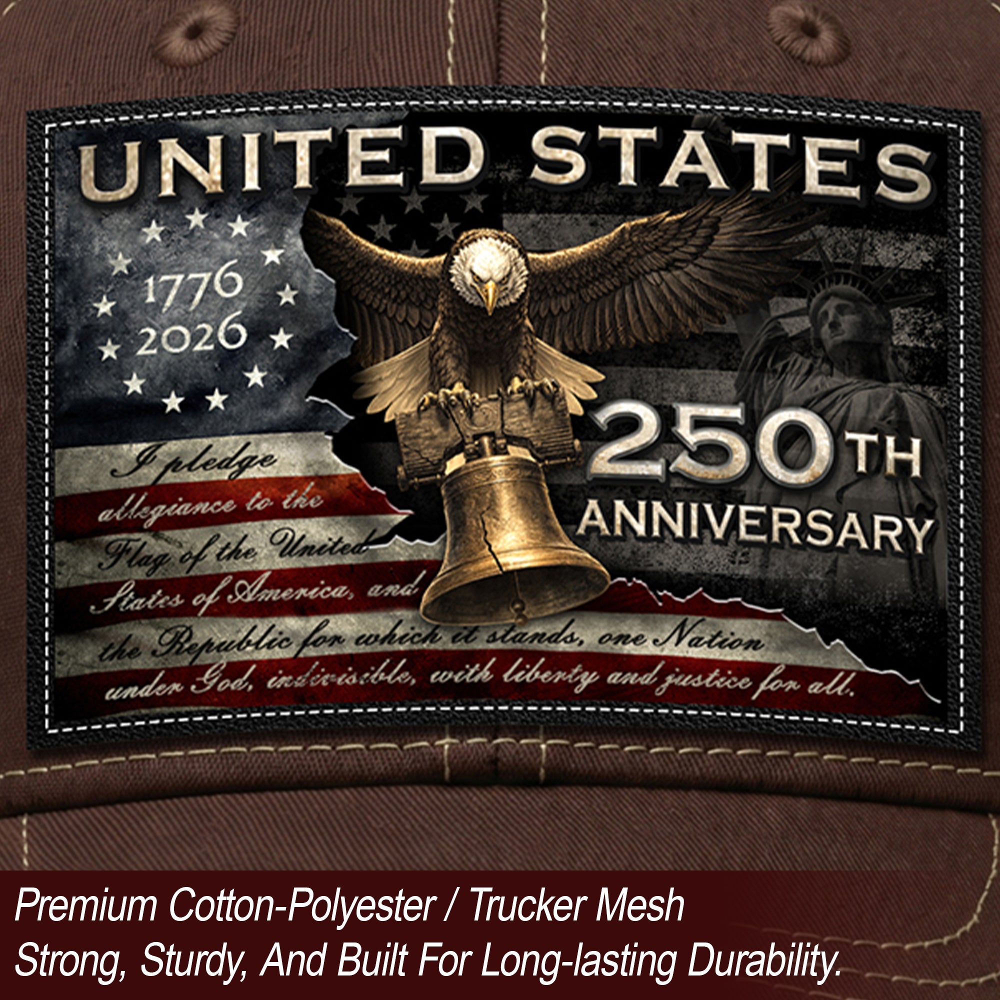 US 250th Anniversary Hat Pledge of Allegiance Liberty Bell Brown Trucker Cap upsale