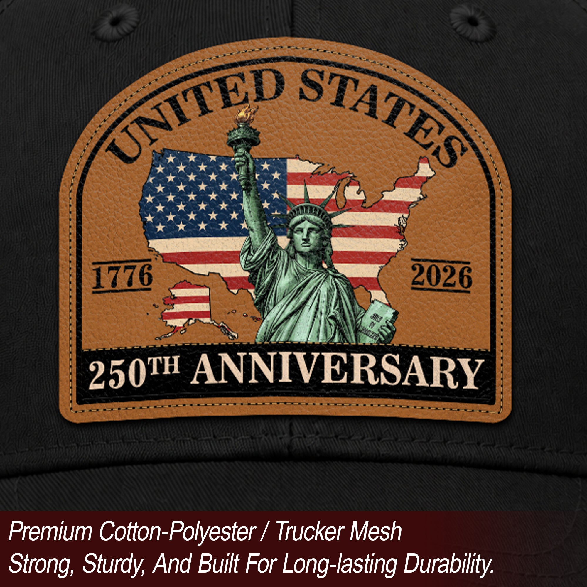 US 250th Anniversary Leather Patch Hat Statue of Liberty Black Trucker Cap