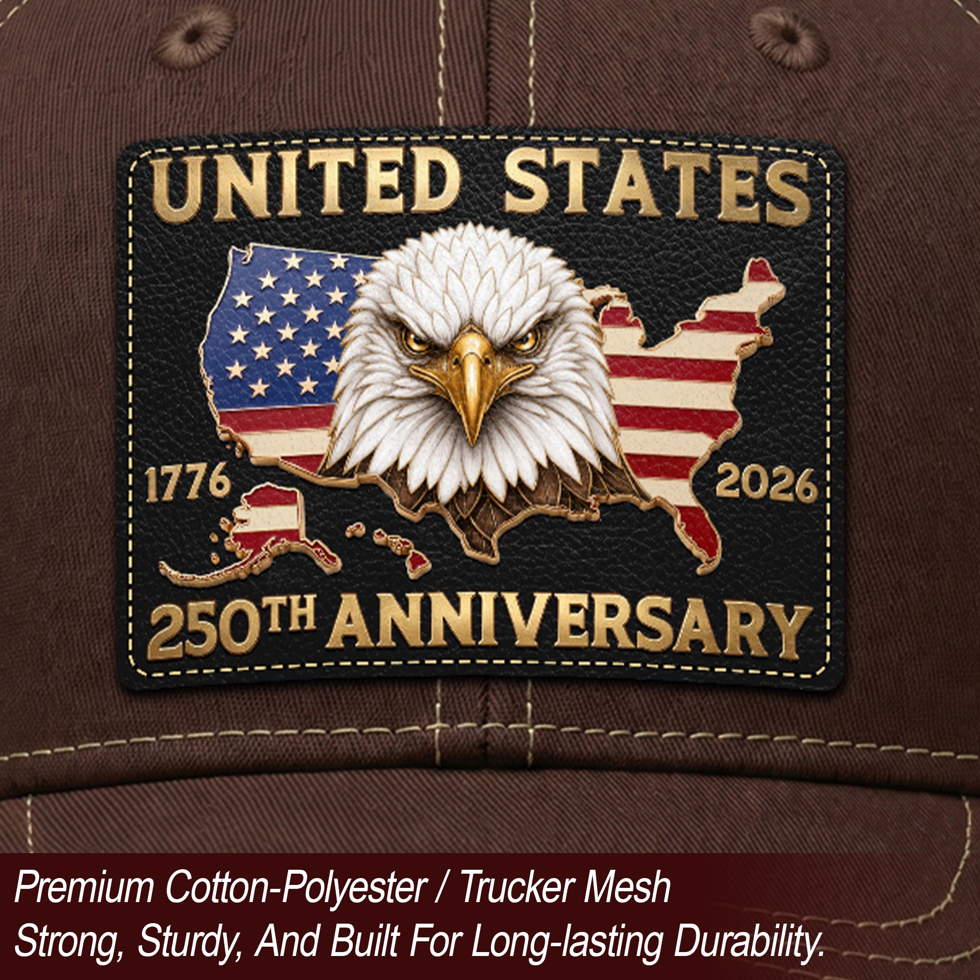 US 250th Anniversary Trucker Hat Vintage American Eagle Leather Patch Brown Cap upsale