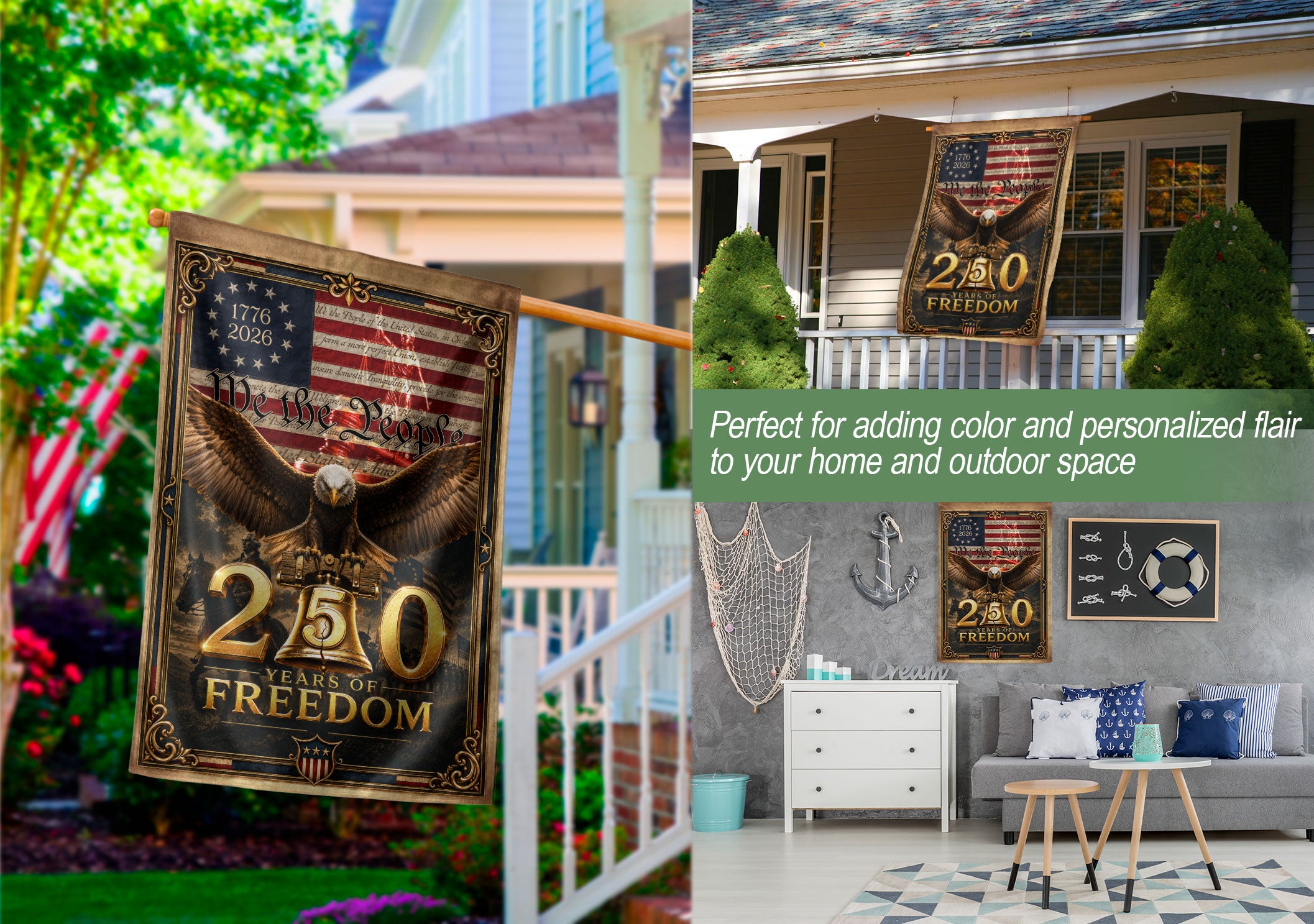 USA 250th Anniversary House Flag Patriotic Bald Eagle We the People Liberty Icons Banner