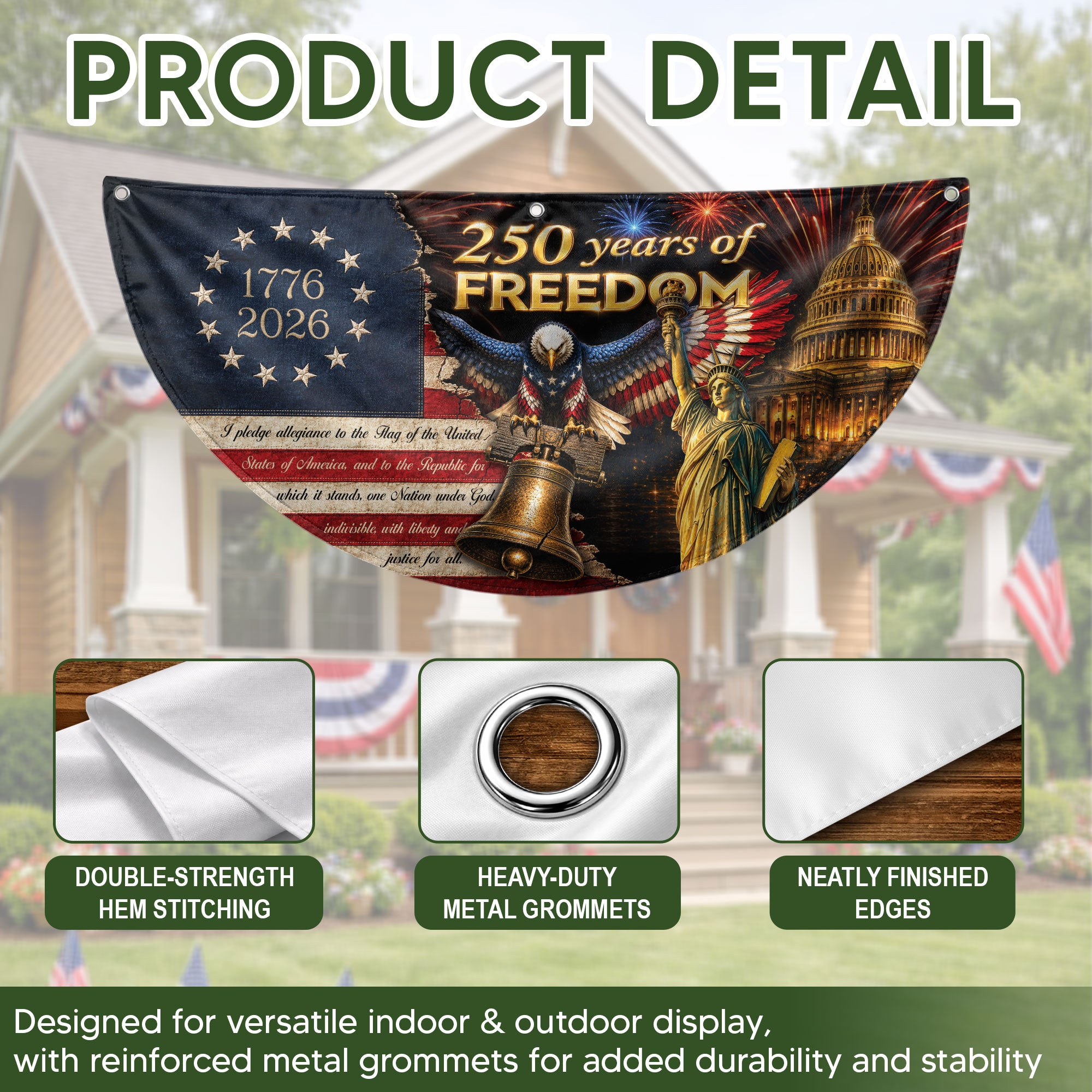 250th Anniversary US Fence Flag 1776-2026 Patriotic US Capitol Statue of Liberty Banner