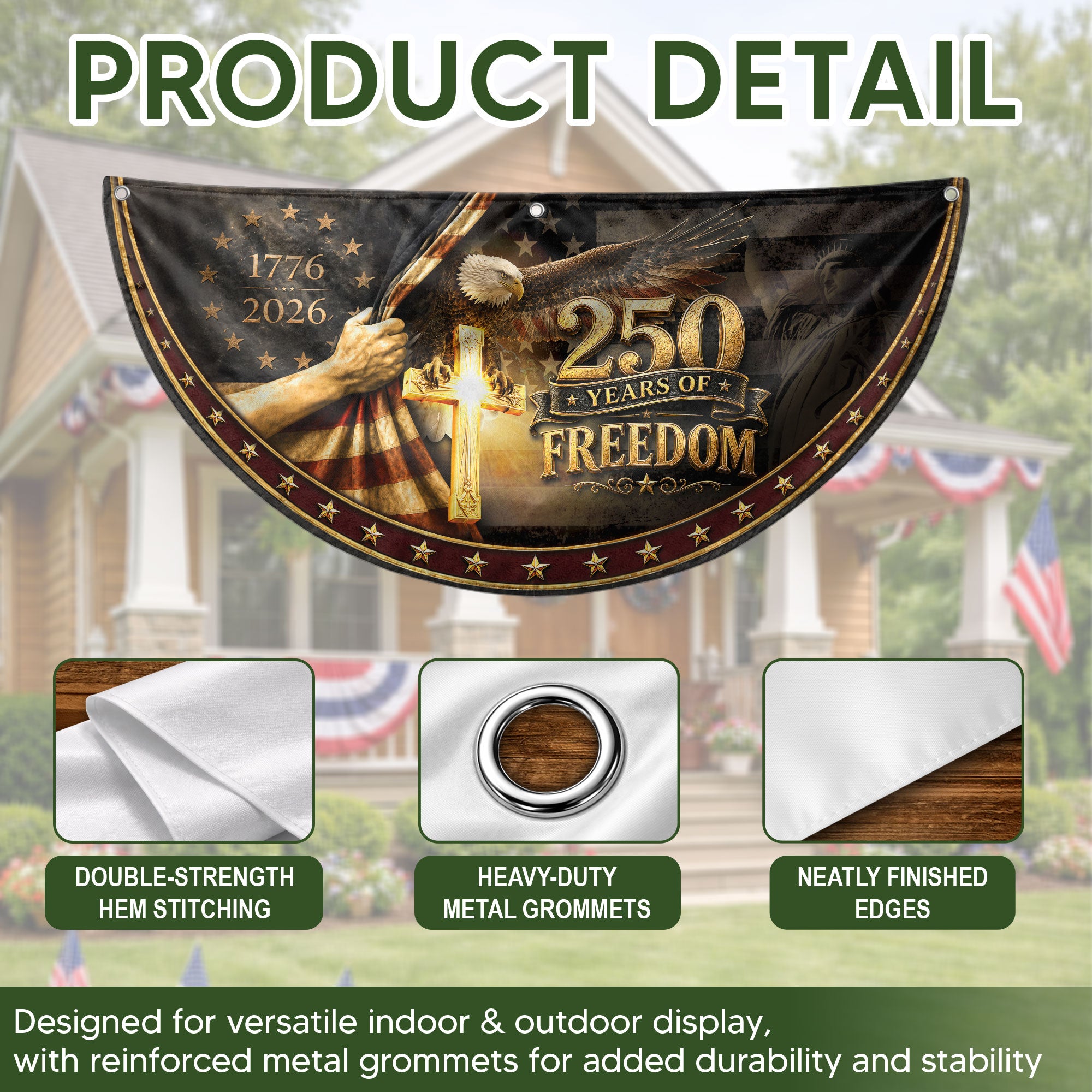 Fence Flag 250 Years Freedom Banner | 1776-2026 Christian Cross Eagle Outdoor Decor