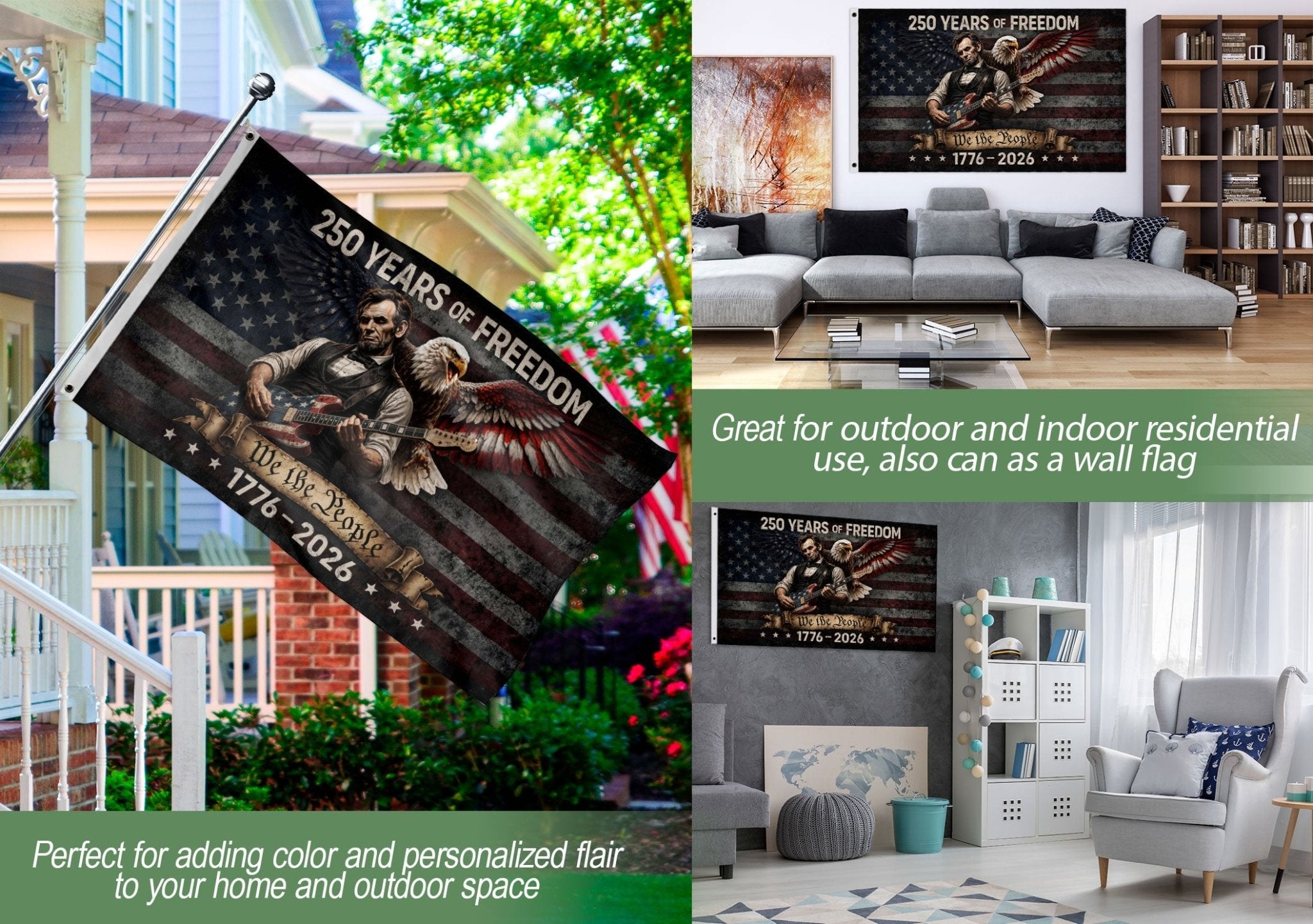 250 Years of Freedom Flag 1776-2026 Abraham Lincoln Guitar Patriotic US Banner - Rust Field Wear