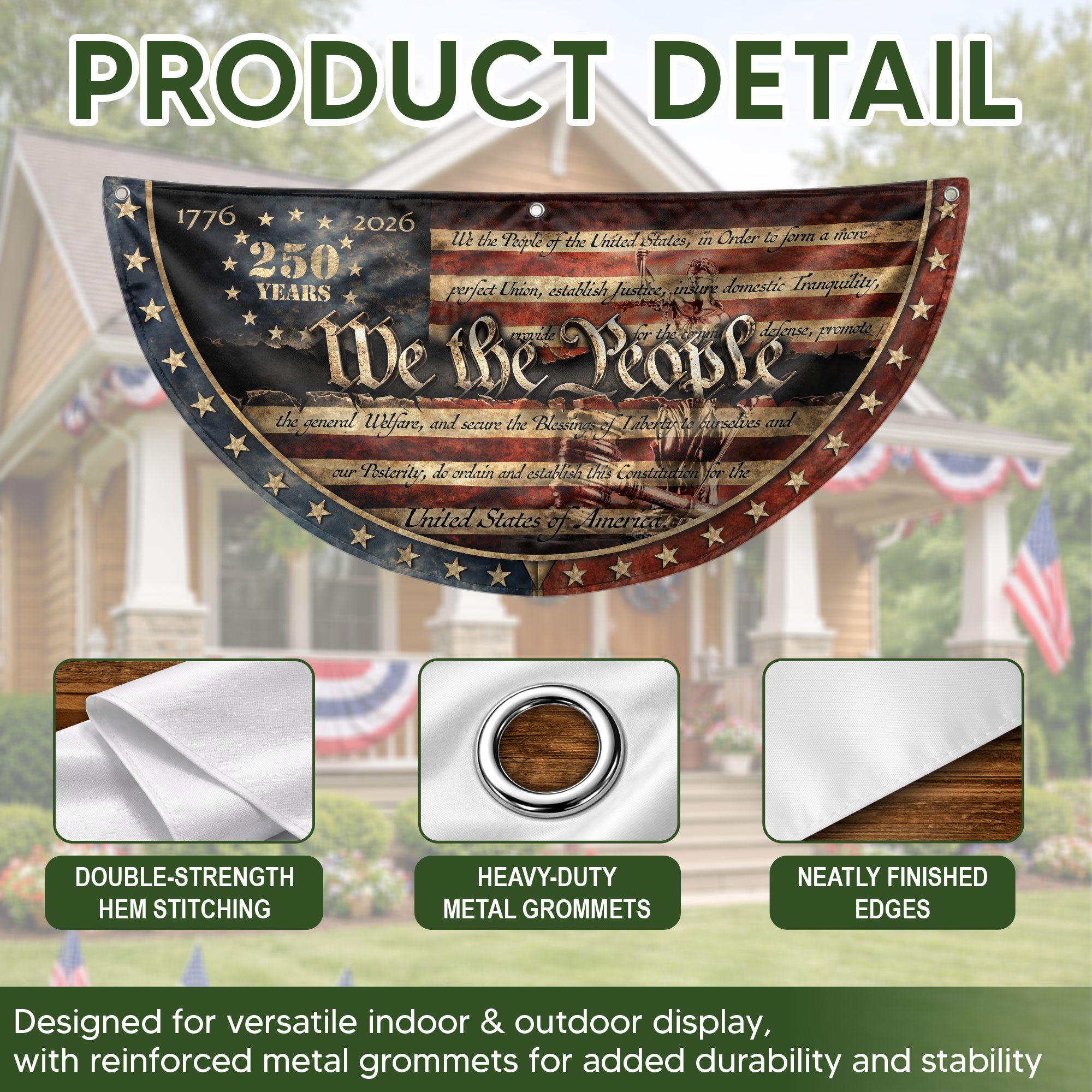 1776-2026 We The People Fence Flag 250 Years US Constitution Patriotic Pleated Bunting