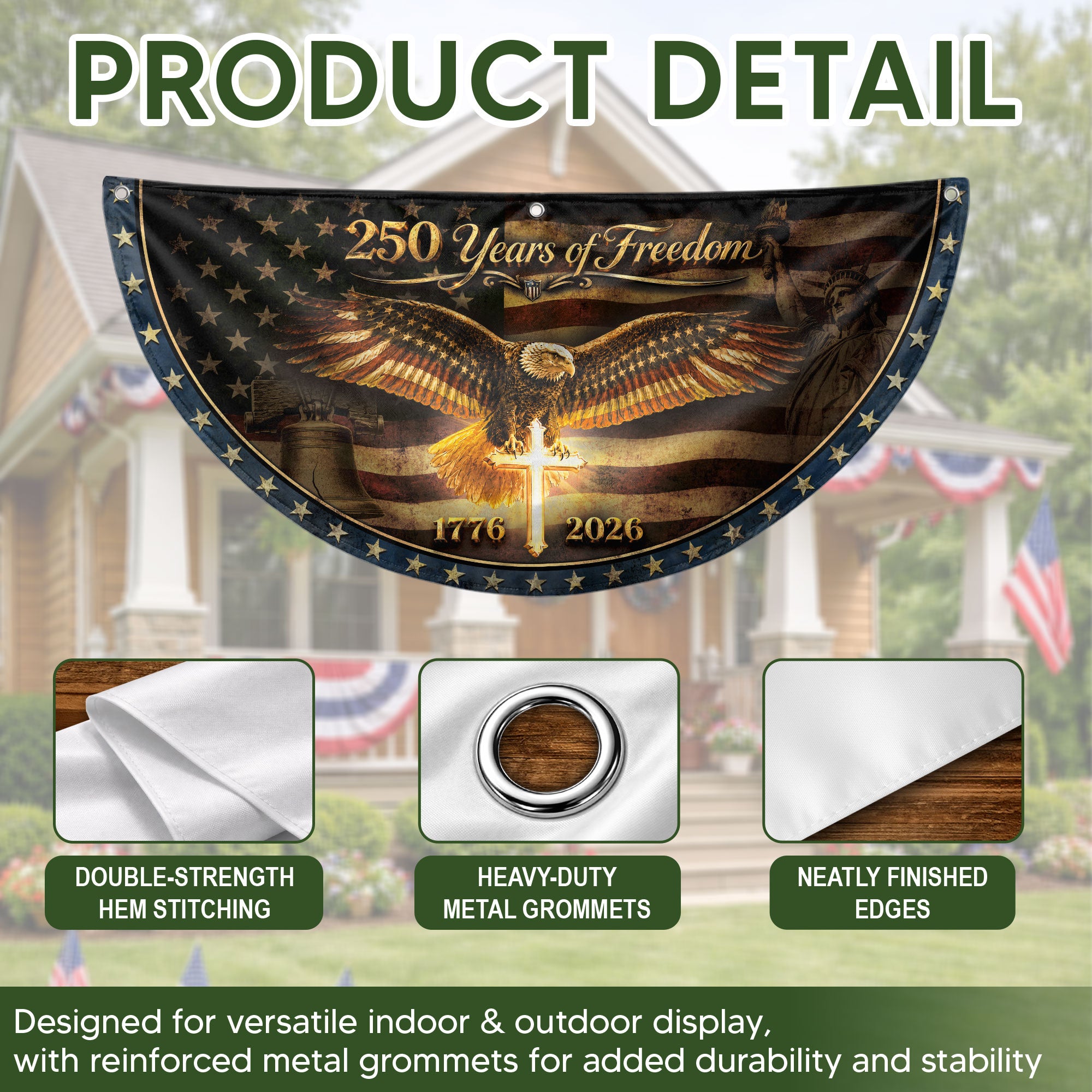 250 Years of Freedom Fence Flag 1776 2026 American Eagle Cross Patriotic Bunting Banner