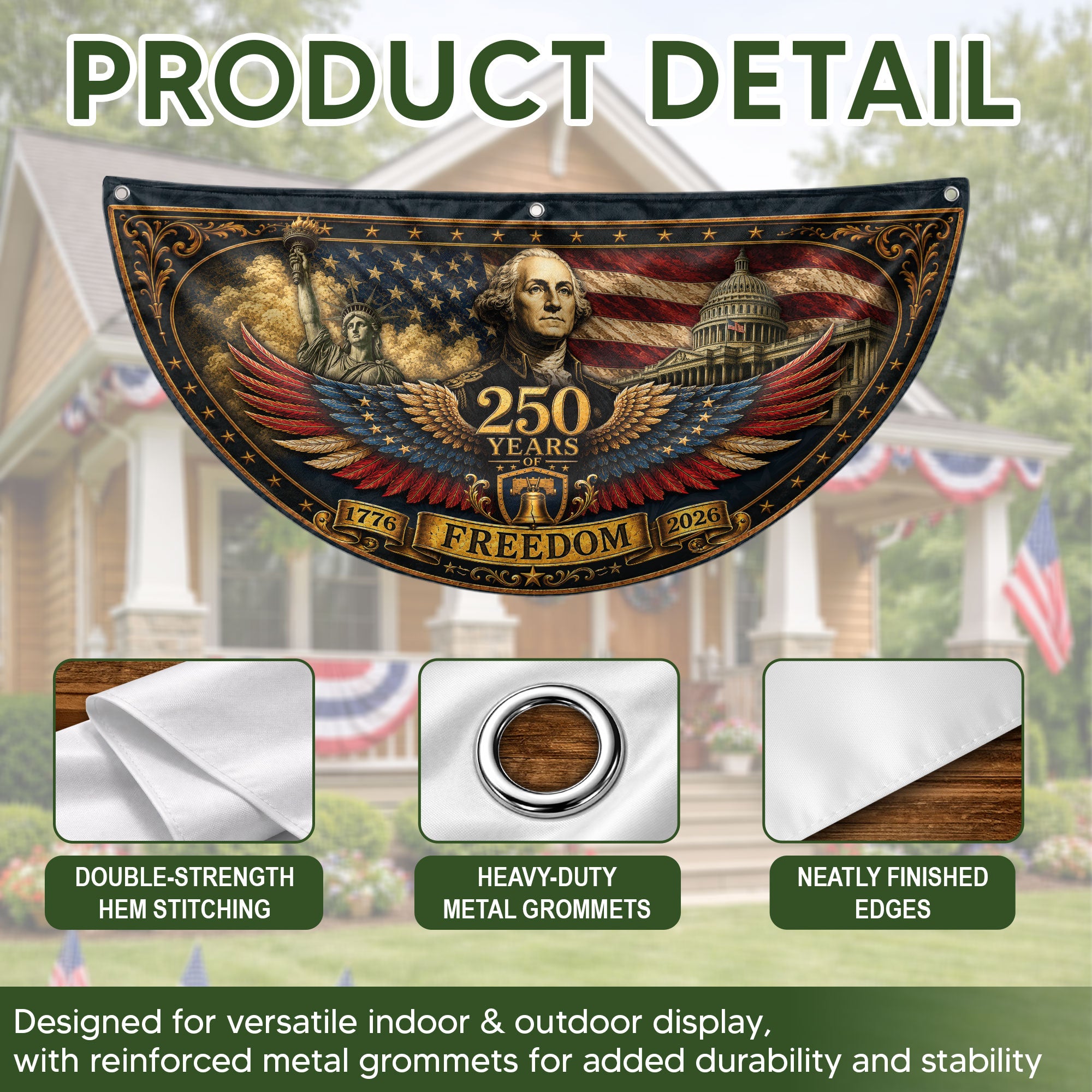 1776-2026 George Washington Fence Flag 250 Years of Freedom Patriotic Pleated Bunting