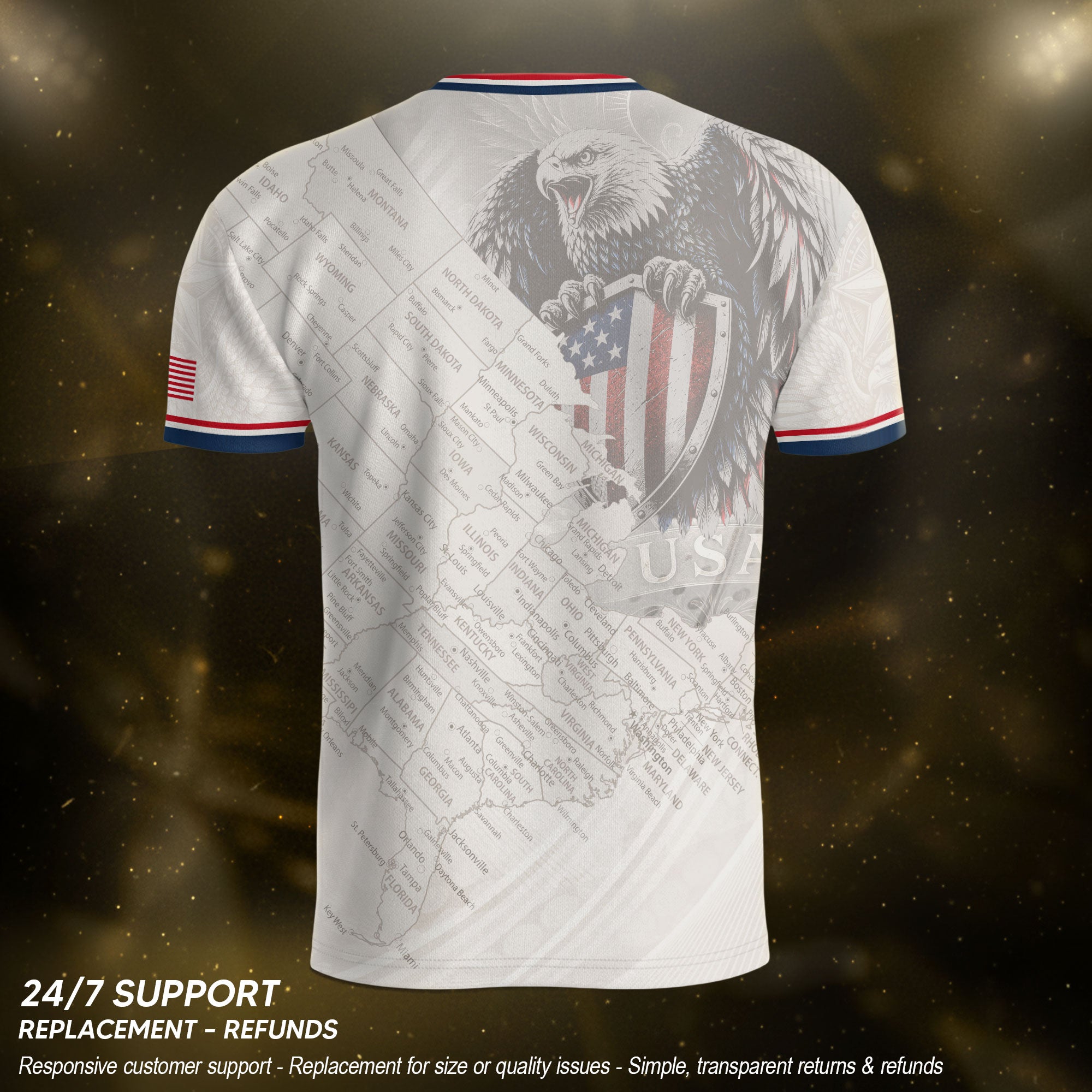USA Soccer Jersey White US Map American Flag Shirt Patriotic Eagle Soccer Fan Tee