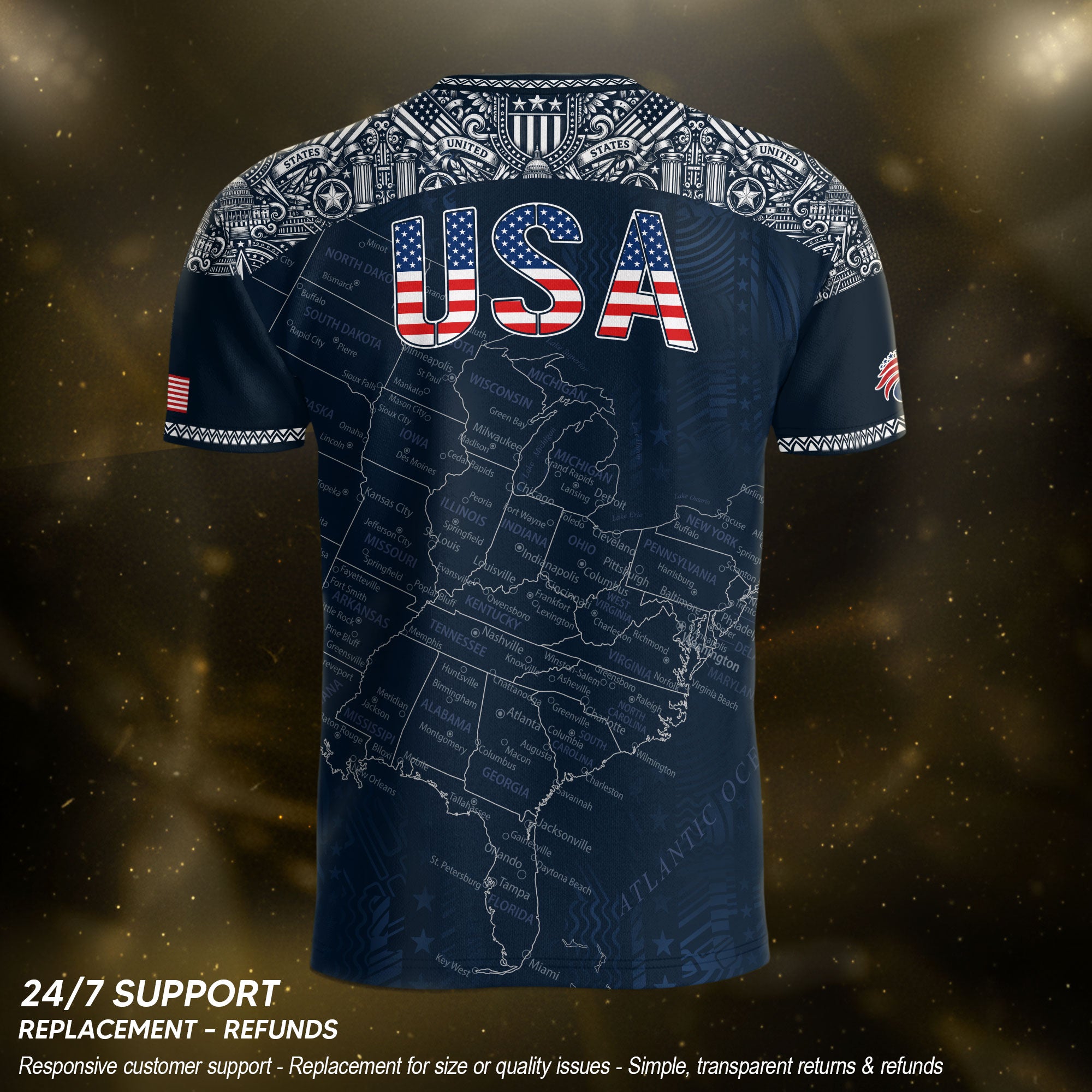 Navy USA Soccer Jersey Flag Pattern US Map American Shirt Patriotic Stars Stripes