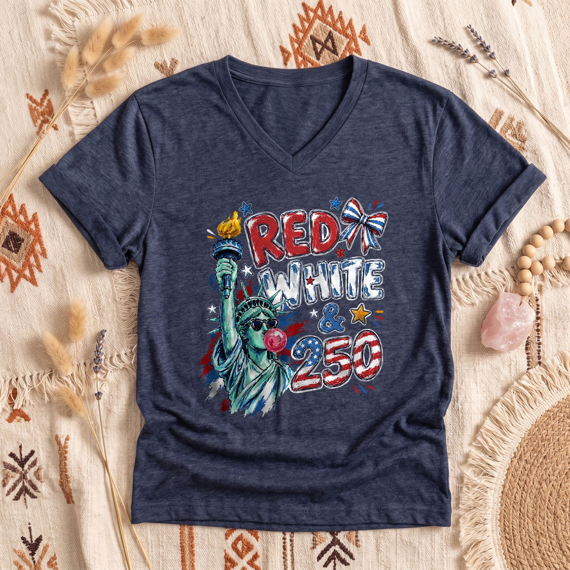 Red White & 250 Patriotic V-Neck T-Shirt for Women Vintage USA Graphic Tee