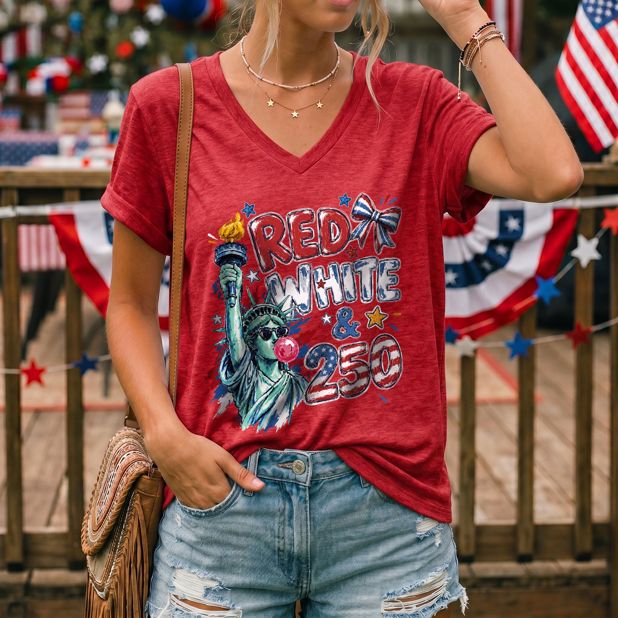 Red White & 250 Patriotic V-Neck T-Shirt for Women Vintage USA Graphic Tee