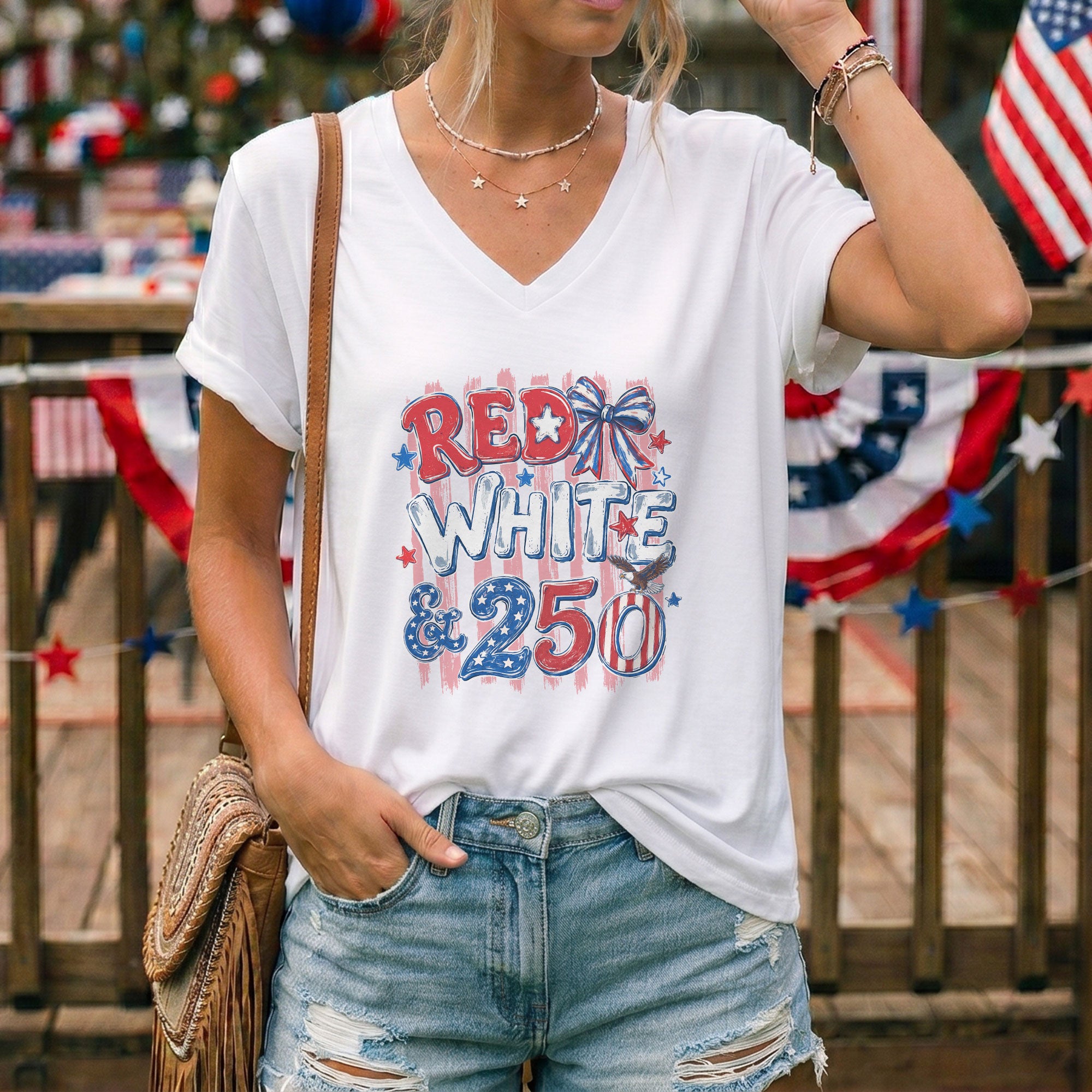 Red White & 250 USA Celebration Graphic Tee Vintage Patriotic Shirt for Women