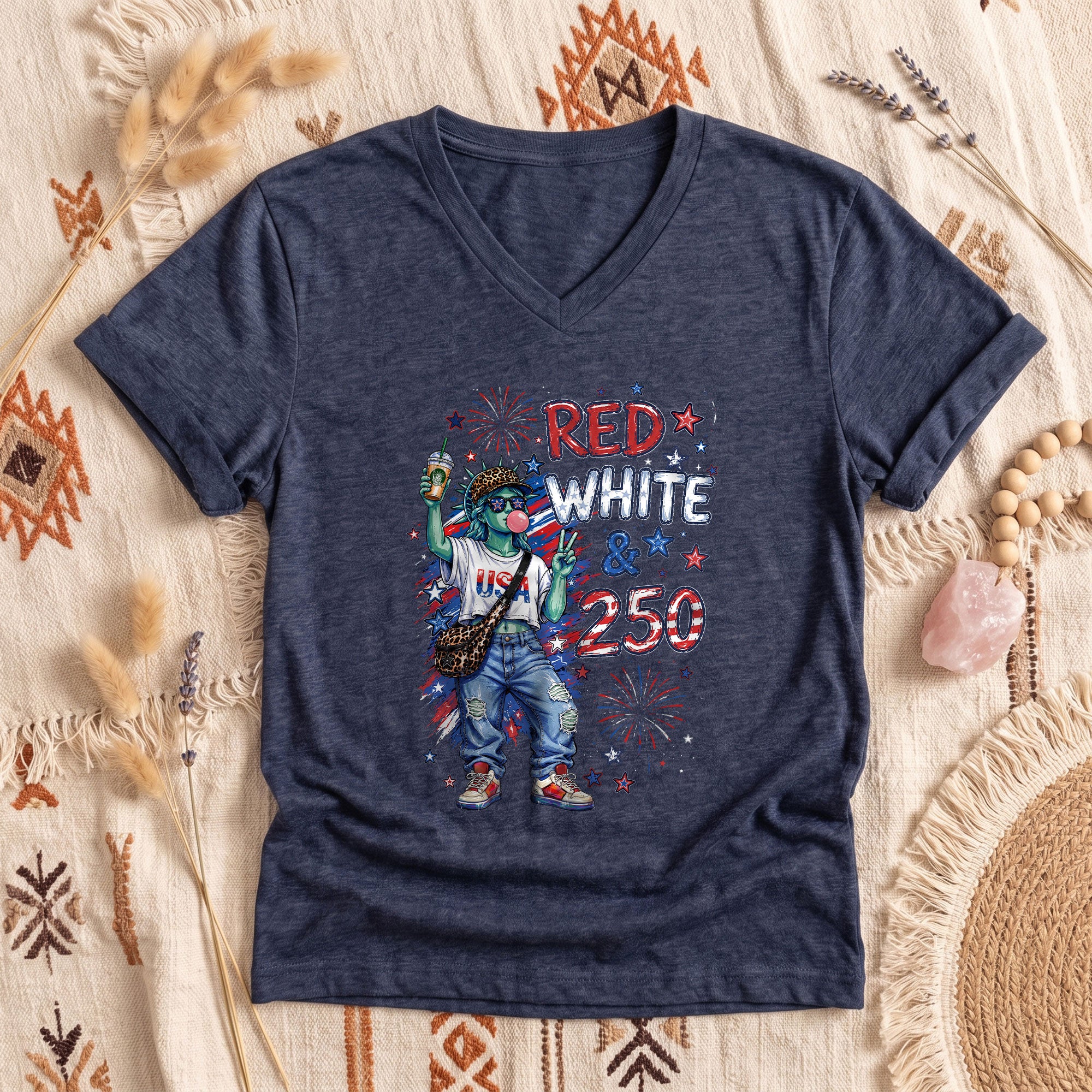 Red White & 250 Patriotic Lady Liberty Street Style V-Neck T-Shirt – America 250 Celebration Tee
