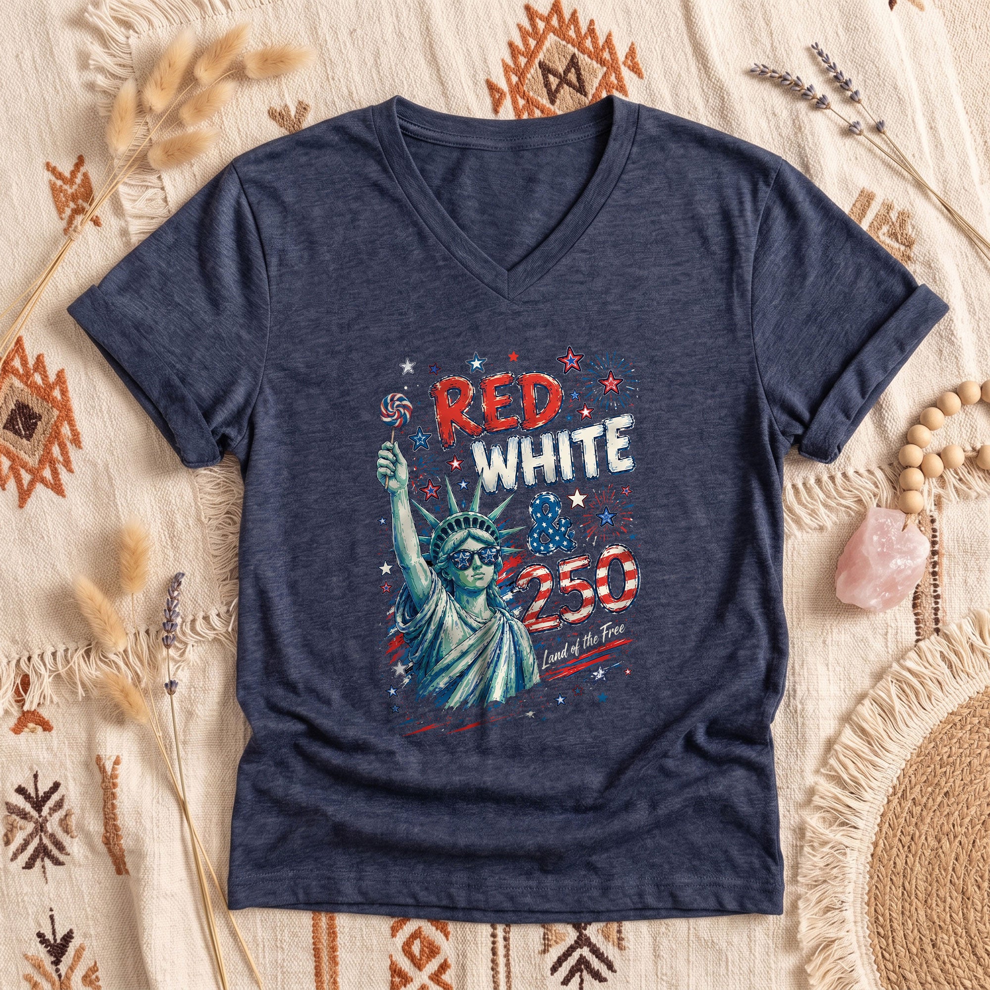 Red White & 250 Retro Lady Liberty Patriotic V-Neck T-Shirt – USA 250th Anniversary Graphic Tee