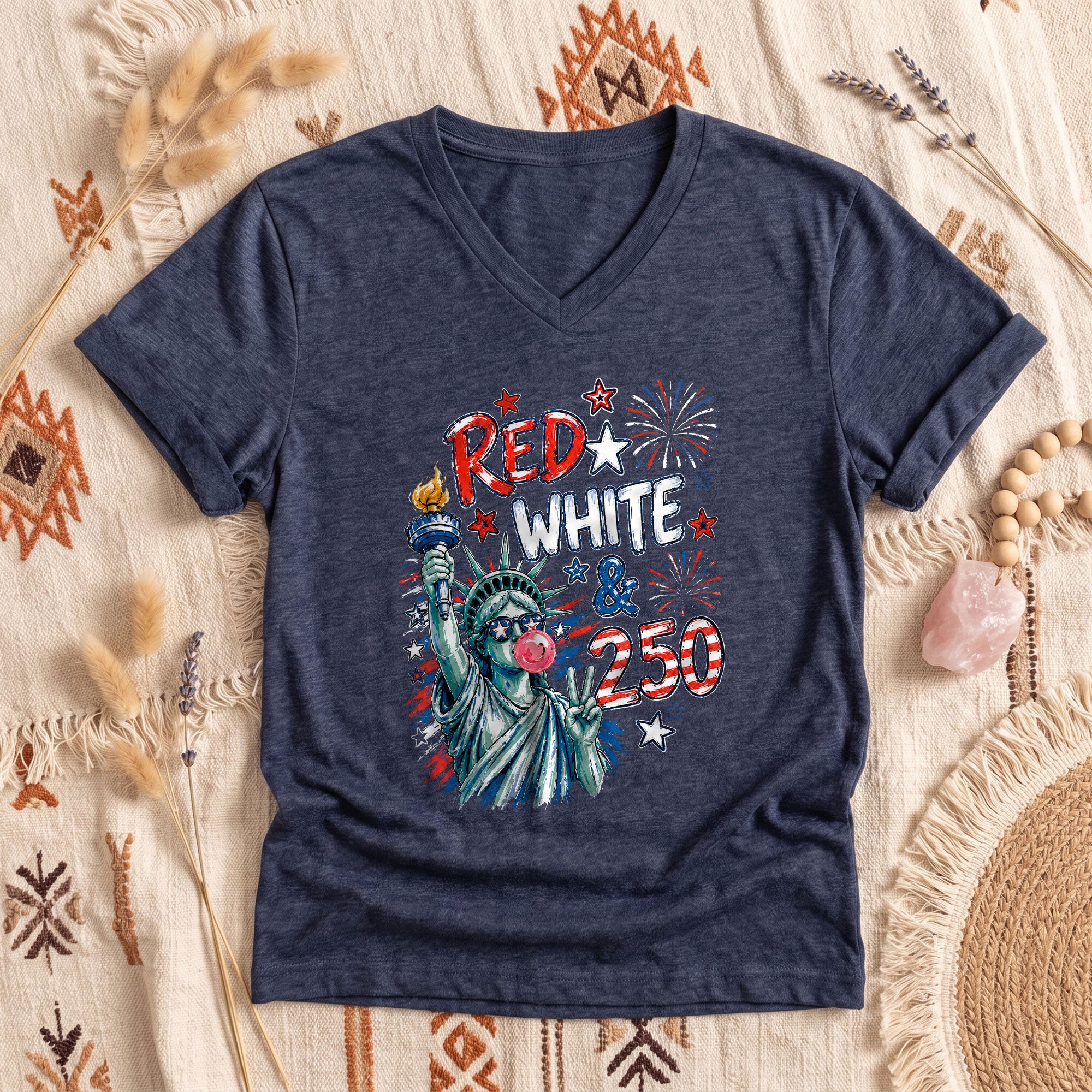 Red White & 250 Funny Lady Liberty Bubblegum V-Neck T-Shirt – America 250 Independence Day Tee
