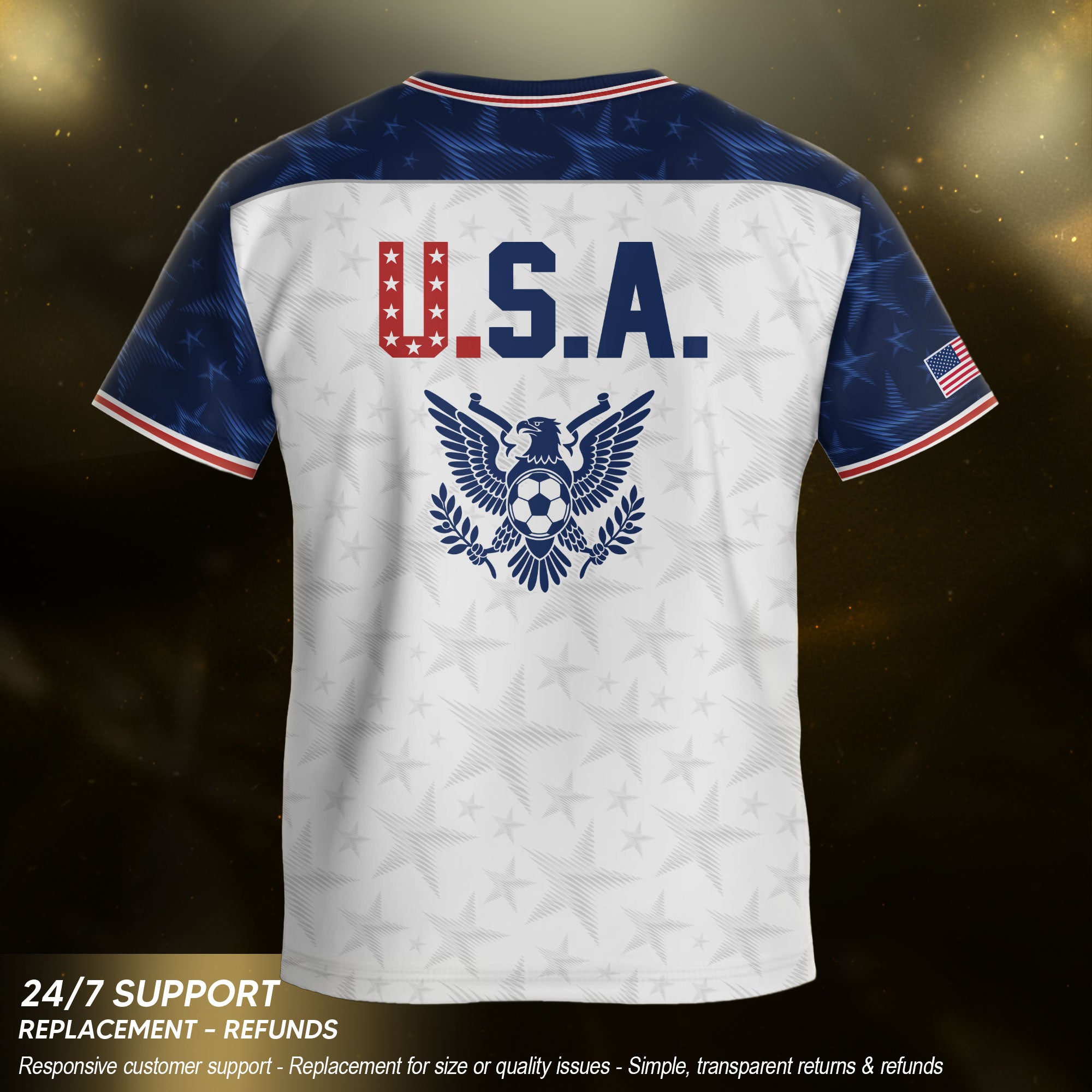 USA Kids Soccer Jersey Youth White Blue Raglan Patriotic Stars Eagle Football Shirt