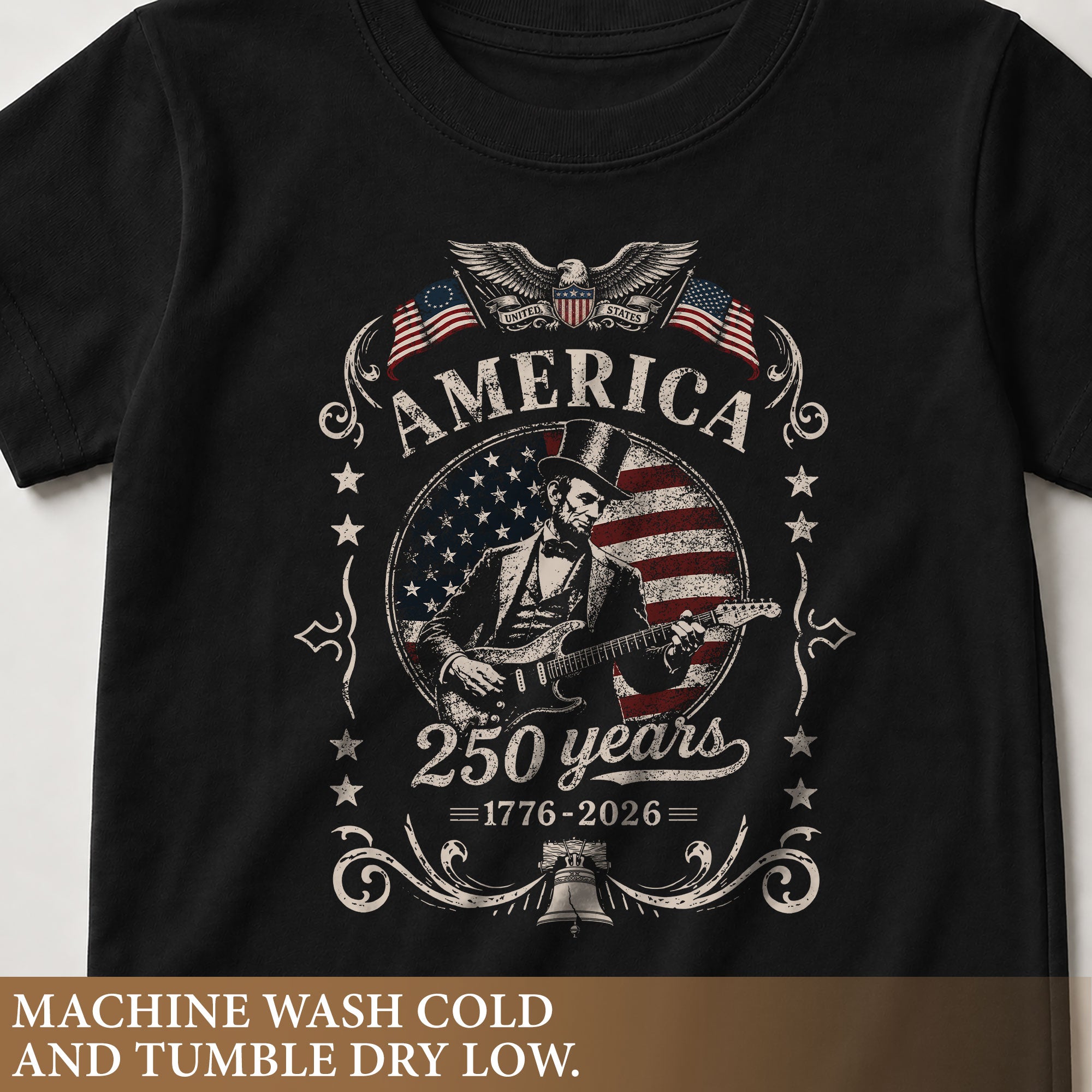 T-Shirt Kid America 250 Years 1776-2026 Patriotic Abraham Lincoln Guitar Kids Tee