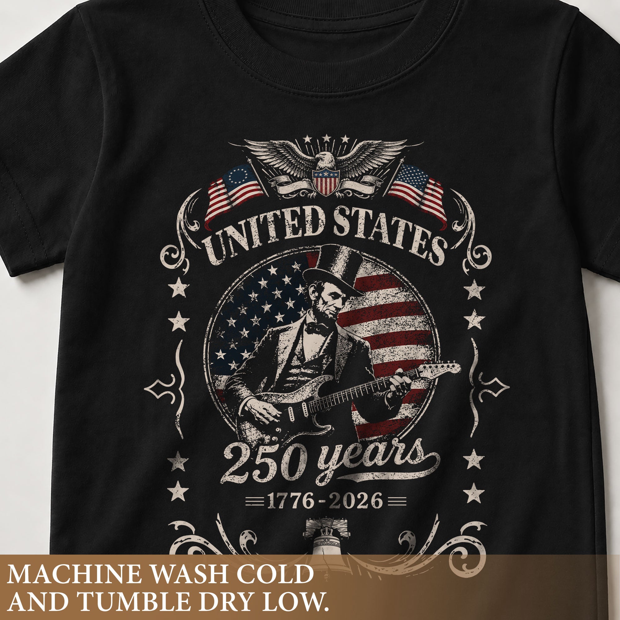T-Shirt Kid America 250 Years 1776-2026 Patriotic Abraham Lincoln Guitar Kids Tee