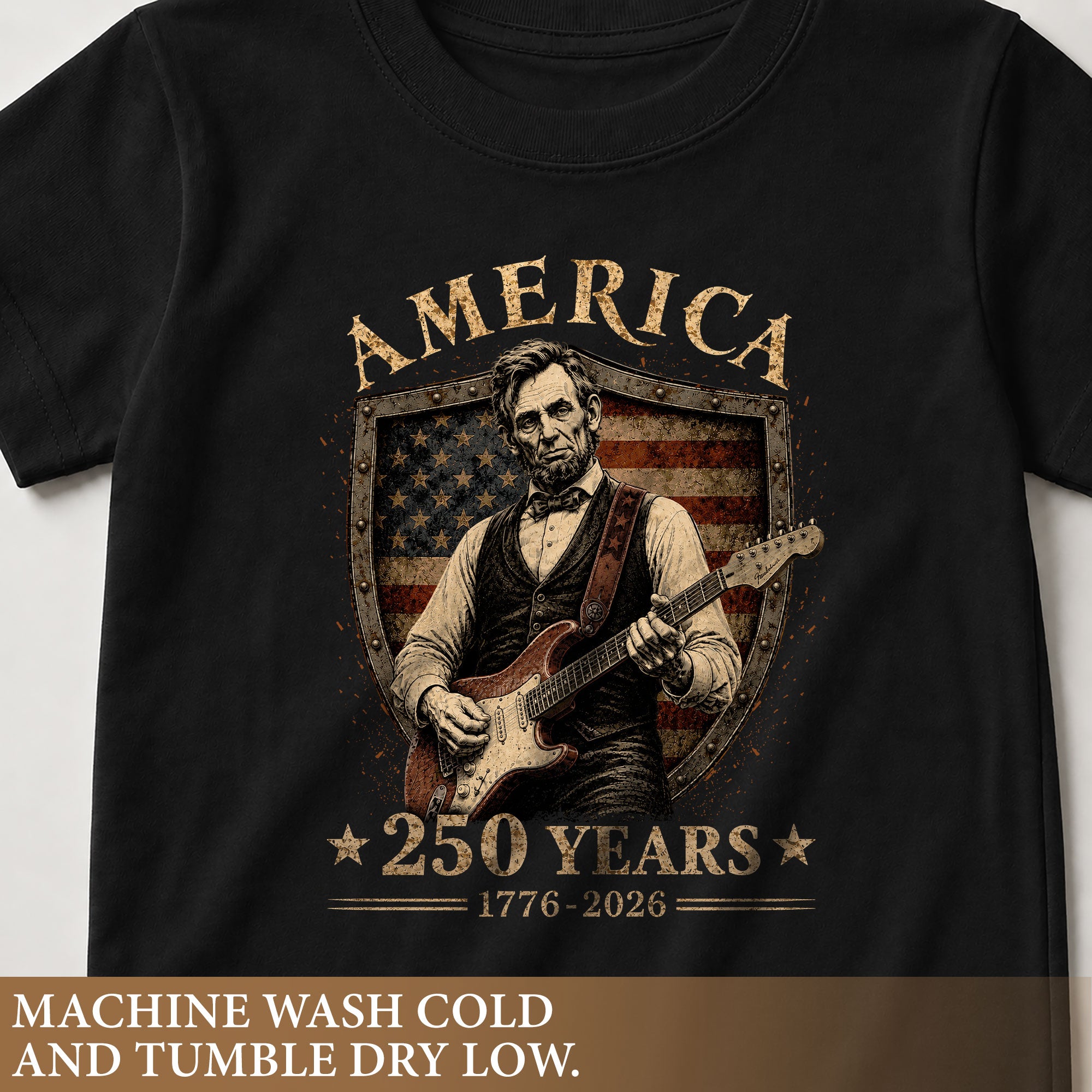 T-Shirt Kid Shield Abraham Lincoln Guitar 1776-2026 America 250 Years Patriotic Tee