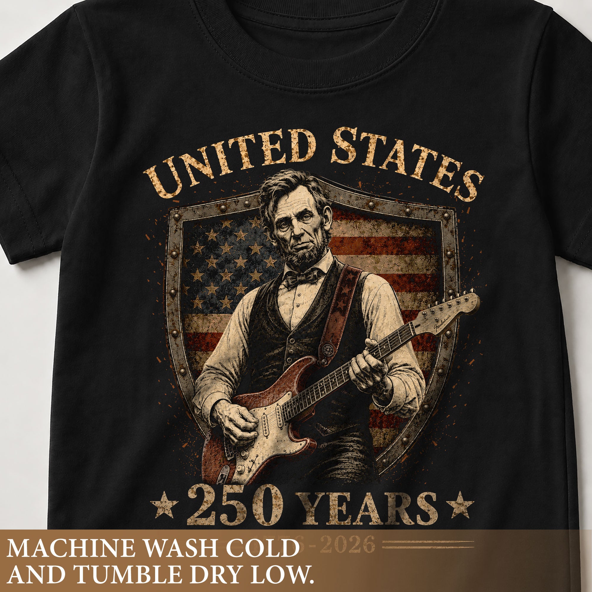 T-Shirt Kid Shield Abraham Lincoln Guitar 1776-2026 America 250 Years Patriotic Tee