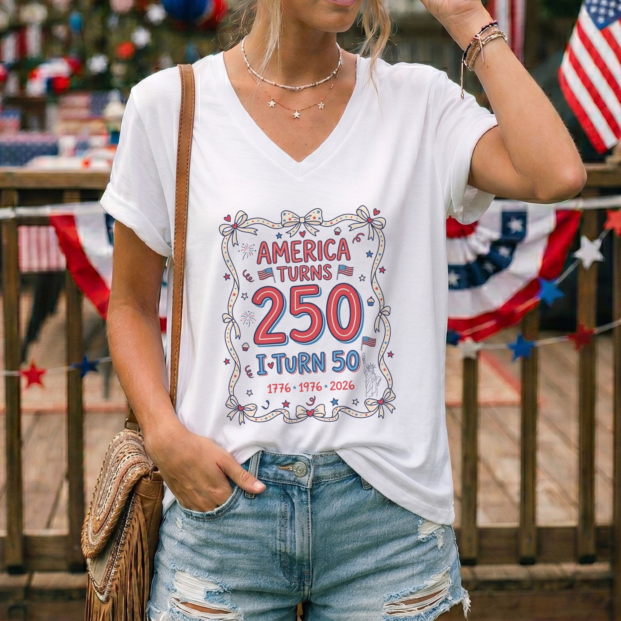 America Turns 250 & I Turn 50 Patriotic Birthday V-Neck T-Shirt